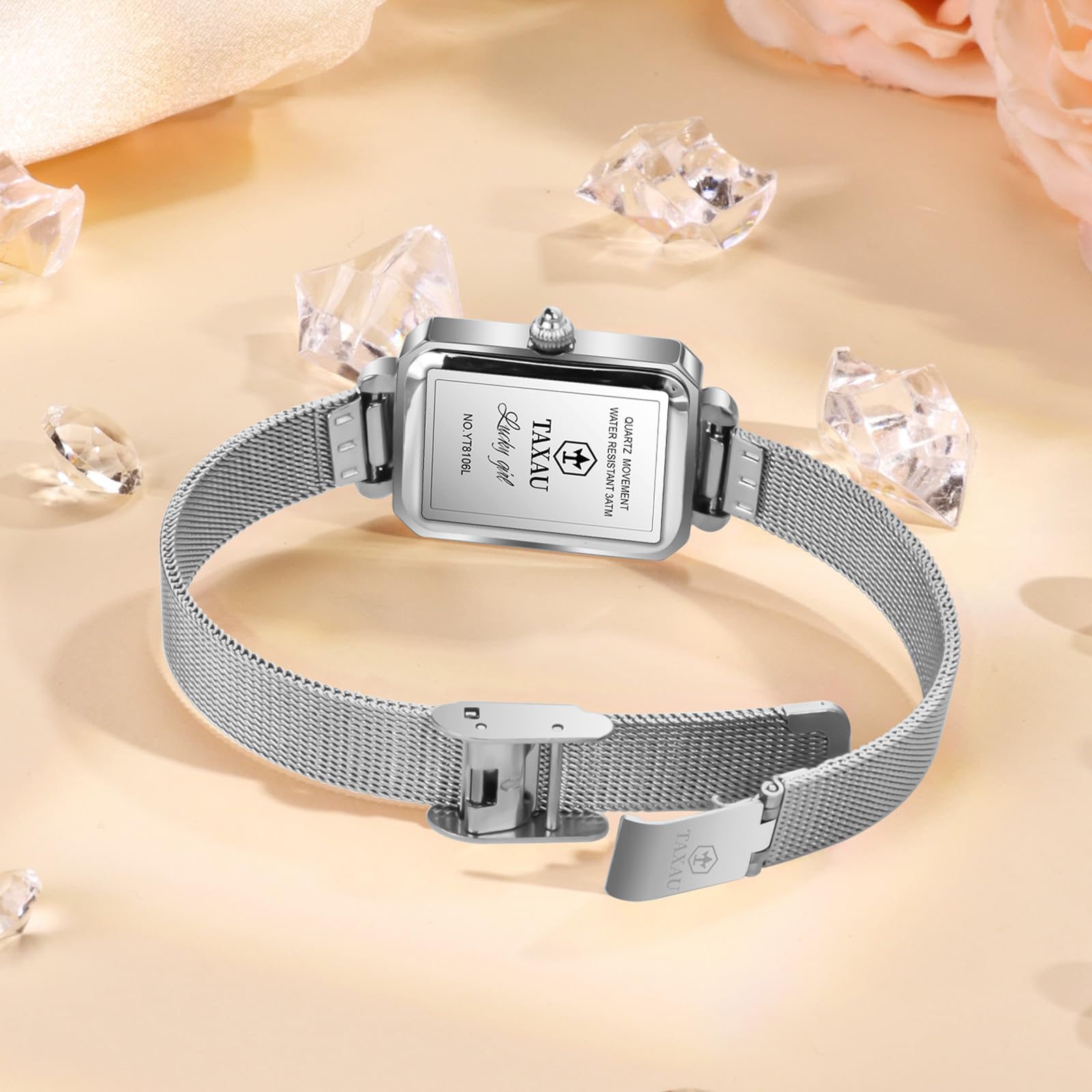Taxau Reloj de pulsera rectangular para mujer con correa de malla de acero inoxidable, reloj de pulsera rectangular para mujer, reloj de pulsera de oro rosa, resistente al agua, elegante reloj de