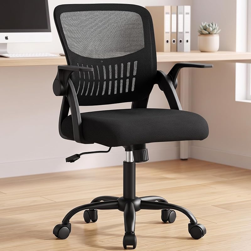 Silla de escritorio de oficina ergonómica, silla ejecutiva para computadora con respaldo medio | Reposabrazos Abatible, Modo Mecedor, Altura Ajustable, Giratorio De 360° Adultos, Estudiante, Negro