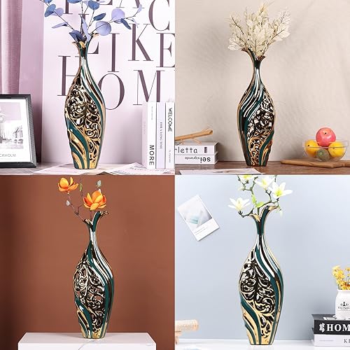 Miniatura 5 de Jarrón de piso de 19 pulgadas de alto, jarrón de cerámica verde y dorado, florero decorativo de cerámica, jarrón único de hierba de las pampas