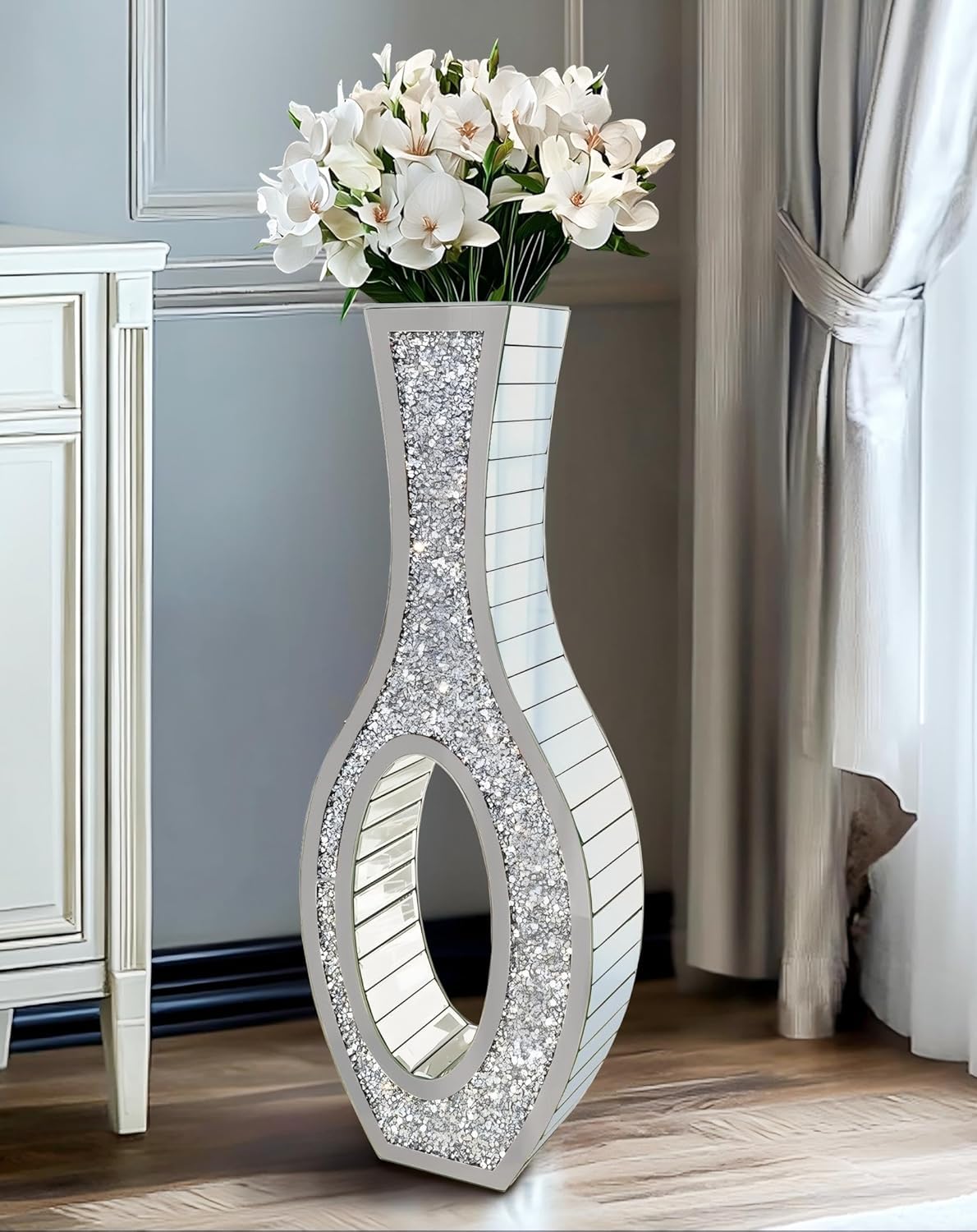 Mirrored Glass Floor Vase Crushed Diamond : 76cm Tall Glamorous Slender and Curvaceous Artistic Silhouette Standing Vases,Decorative Flower Vase for Pampas Grass & Large Floral Arrangement