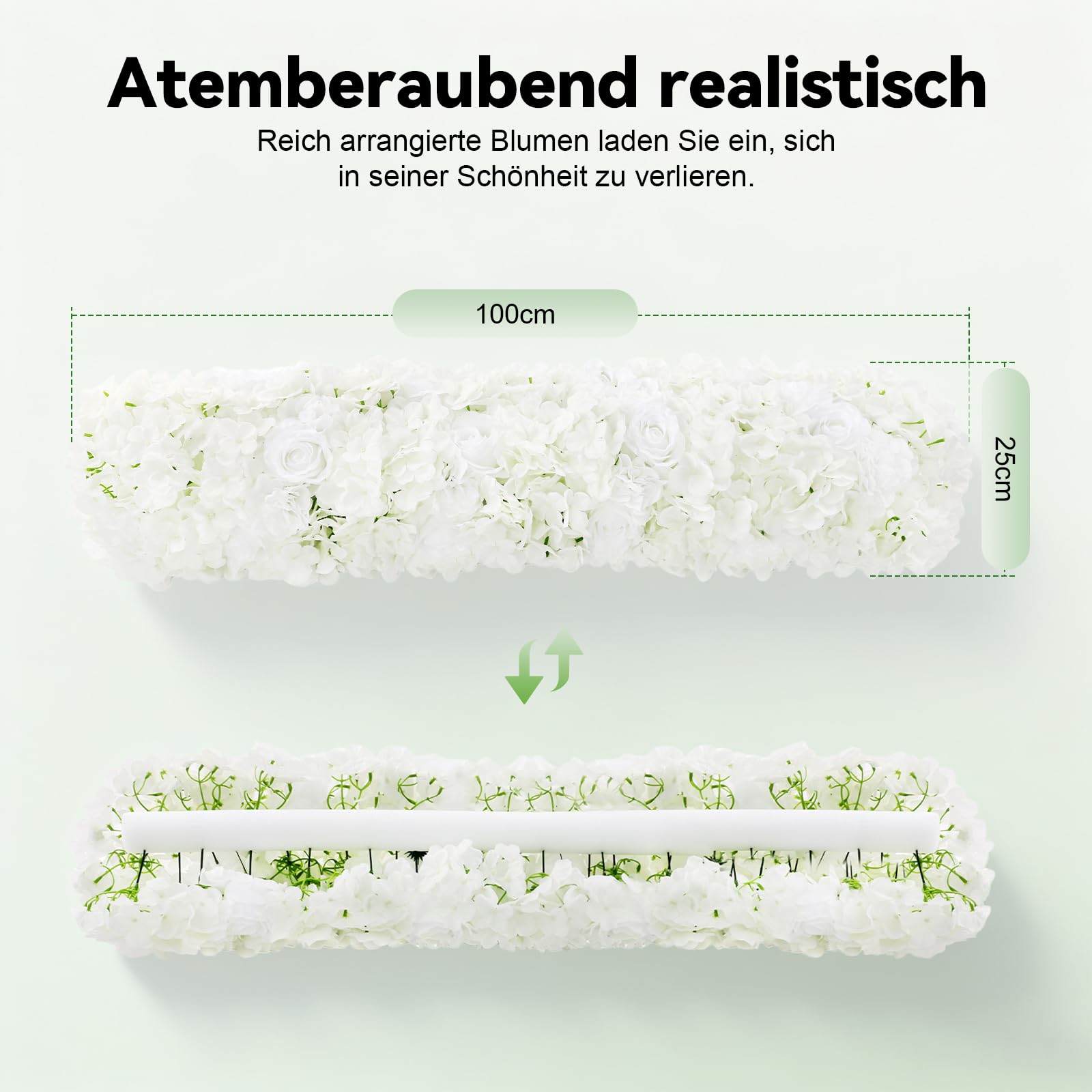 Blumengirlande Künstliches Blumenpaneel 1M lang Künstliche Blumen Hochzeitsdekoration Kunstblumen Fake Centerpiece für Hochzeit, Zuhause, Party (Weiß)
