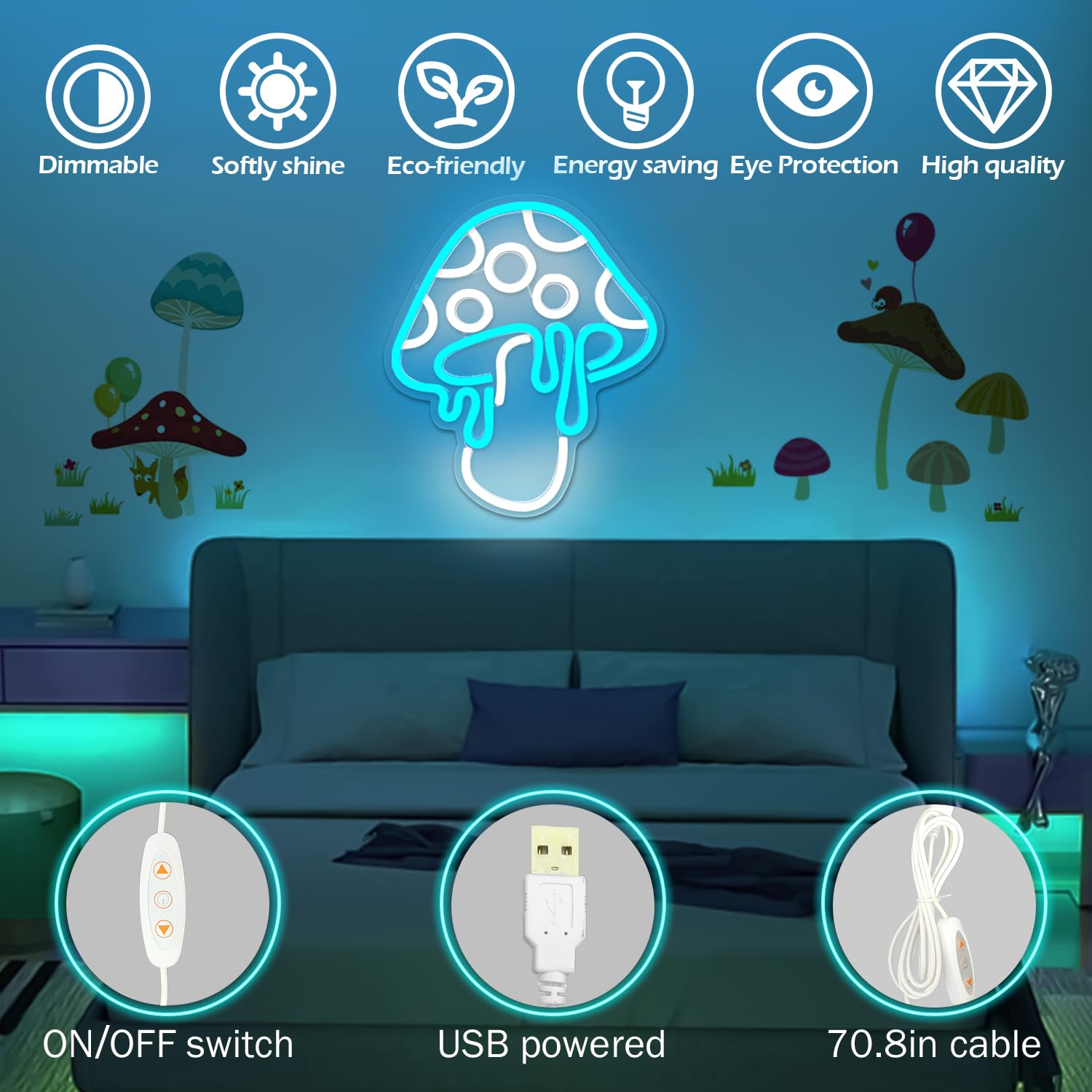 Mushroom Neon Sign Dimmable Led Light Cute Mushroom Night Light 3d Wall Art Signs For Wall Game Room Bedroom Decor Holiday Gift For Children Kids Girl (Ice Blue)