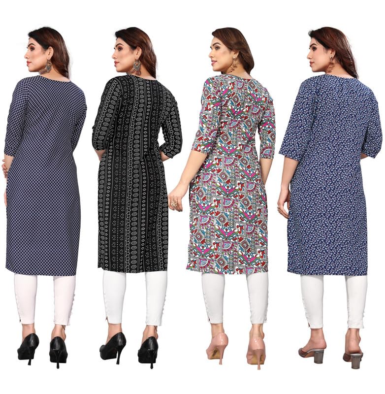 Image of JAKHANA Women's Crepe Printed Casual Straight Calf Length Round Nick Kurta Pack of 4