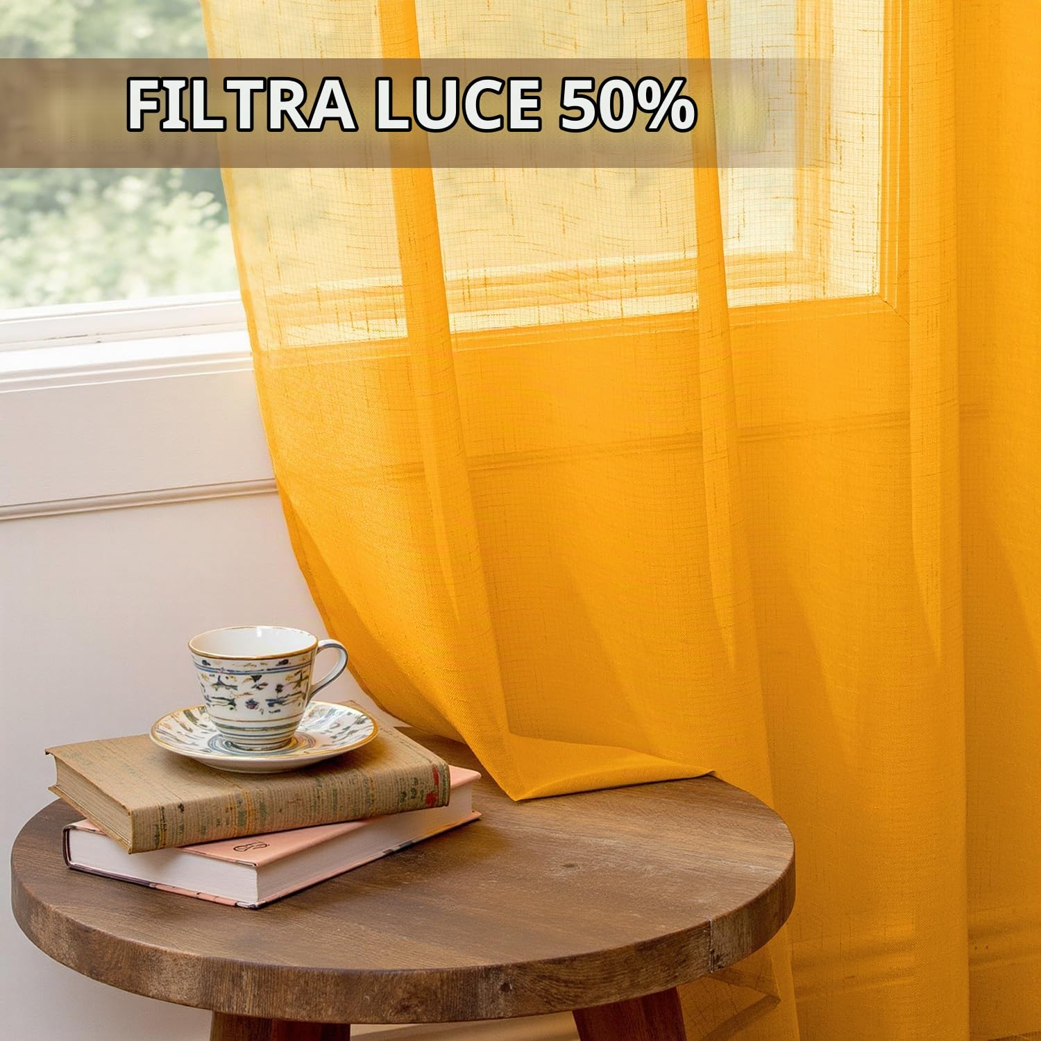 Woaboy Tende Trasparenti con Occhielli 2 Pezzi 140x260 cm Giallo brillante | Tende per Interni in Leineoptik Effetto Lino Filtro Luce e Privacy per Soggiorno e Camera da Letto
