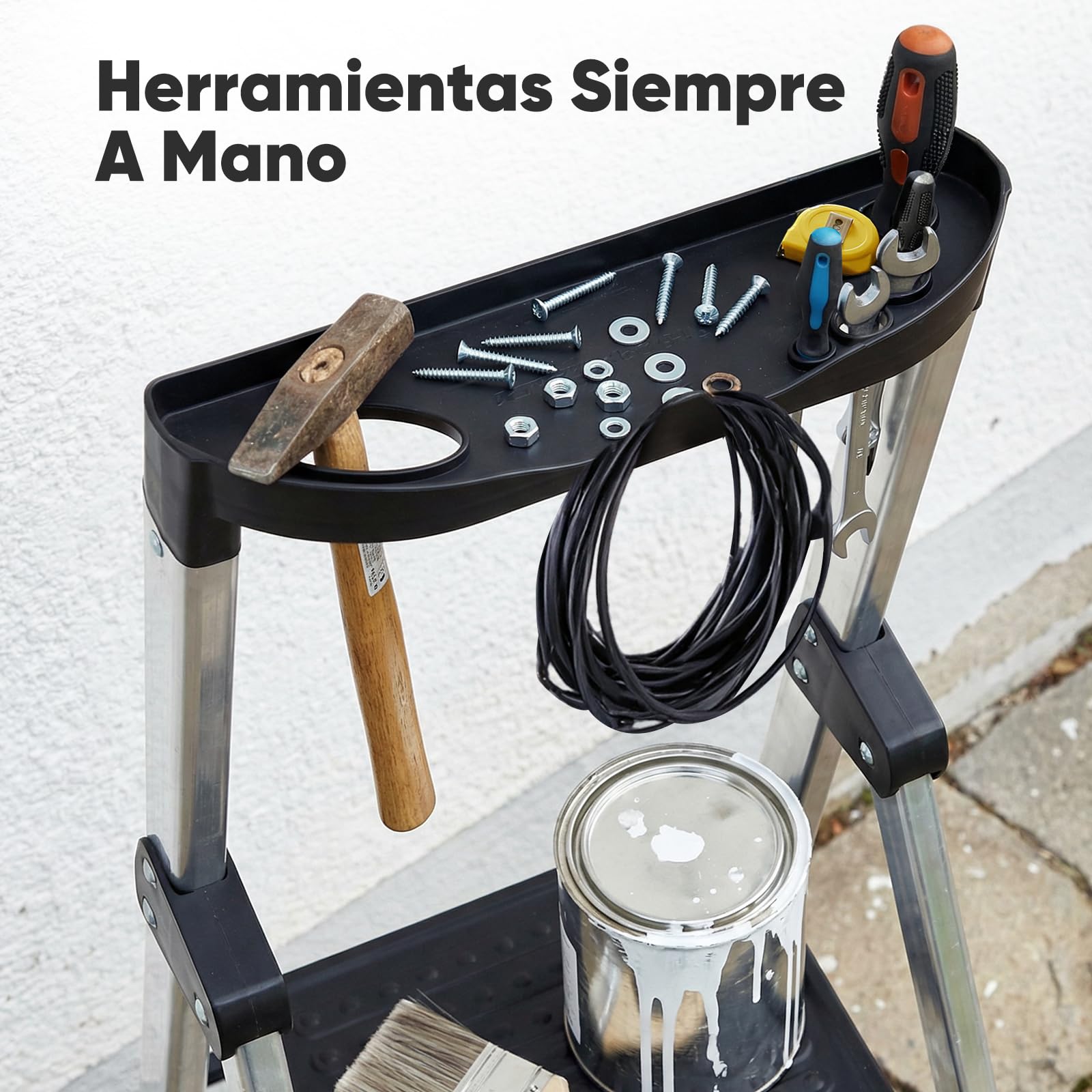 Sekey Escalera de Aluminio 4 Peldaños 140 cm, Plegable con Bandeja Portaherramientas, Peldaños Antideslizantes, Soporta hasta 150 kg, Certificada TÜV EN131-2, para Hogar, Garaje y Jardín