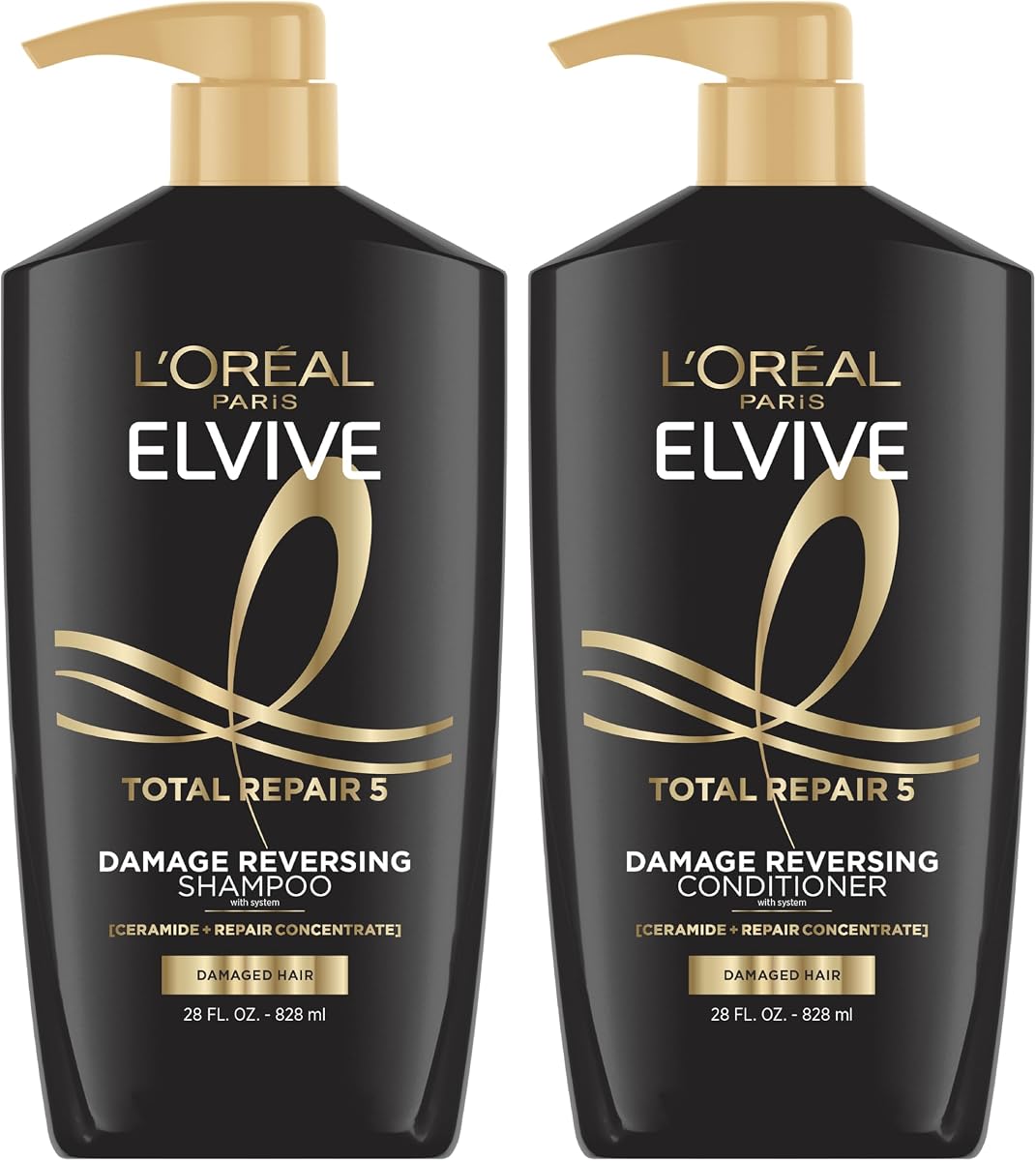 Elvive Total Repair 5 Damage Reversing Shampoo and Conditioner Set for Dry and Damaged Hair, Hair Repair Formula with Protein and Ceramide, 56 Fl Oz Set