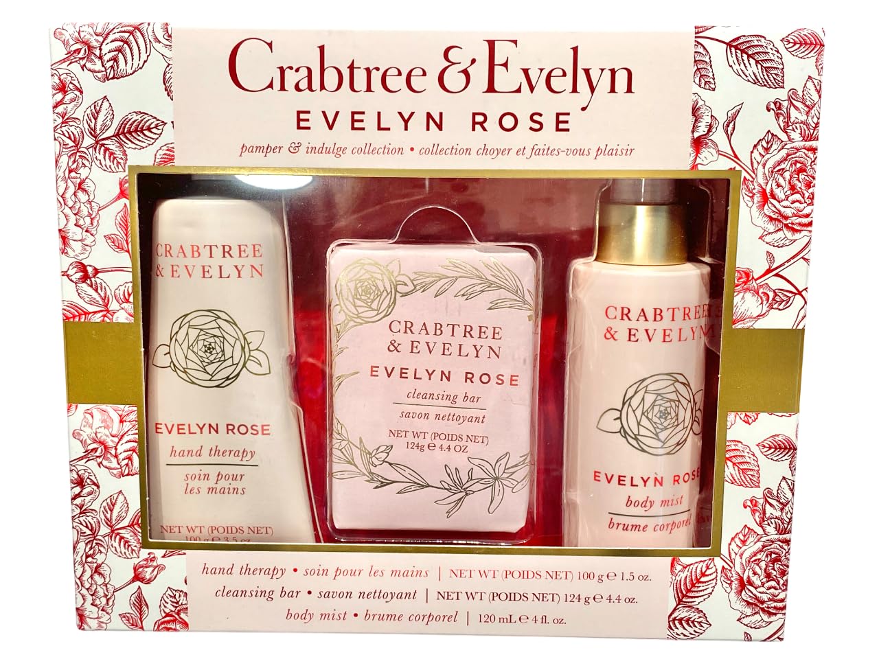 Crabtree & Evelyn EVELYN ROSE Hand Therapy, Bar Soap, Body Mist Gift Set - Full Size