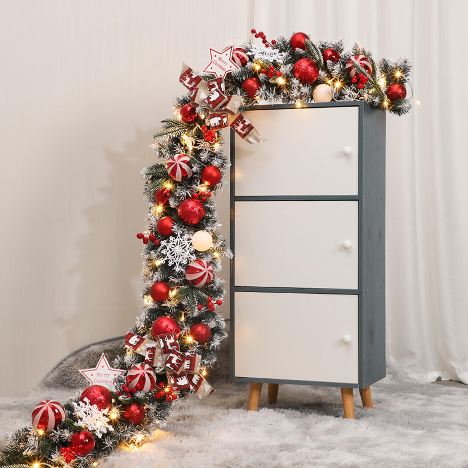 OPFdfhDFH Christmas wreaths, 6.5 FT Christmas Garland for Mantle, PE Spray White Mixed Rattan with Light, Decorations for Stairs Fireplace, Window, Wall