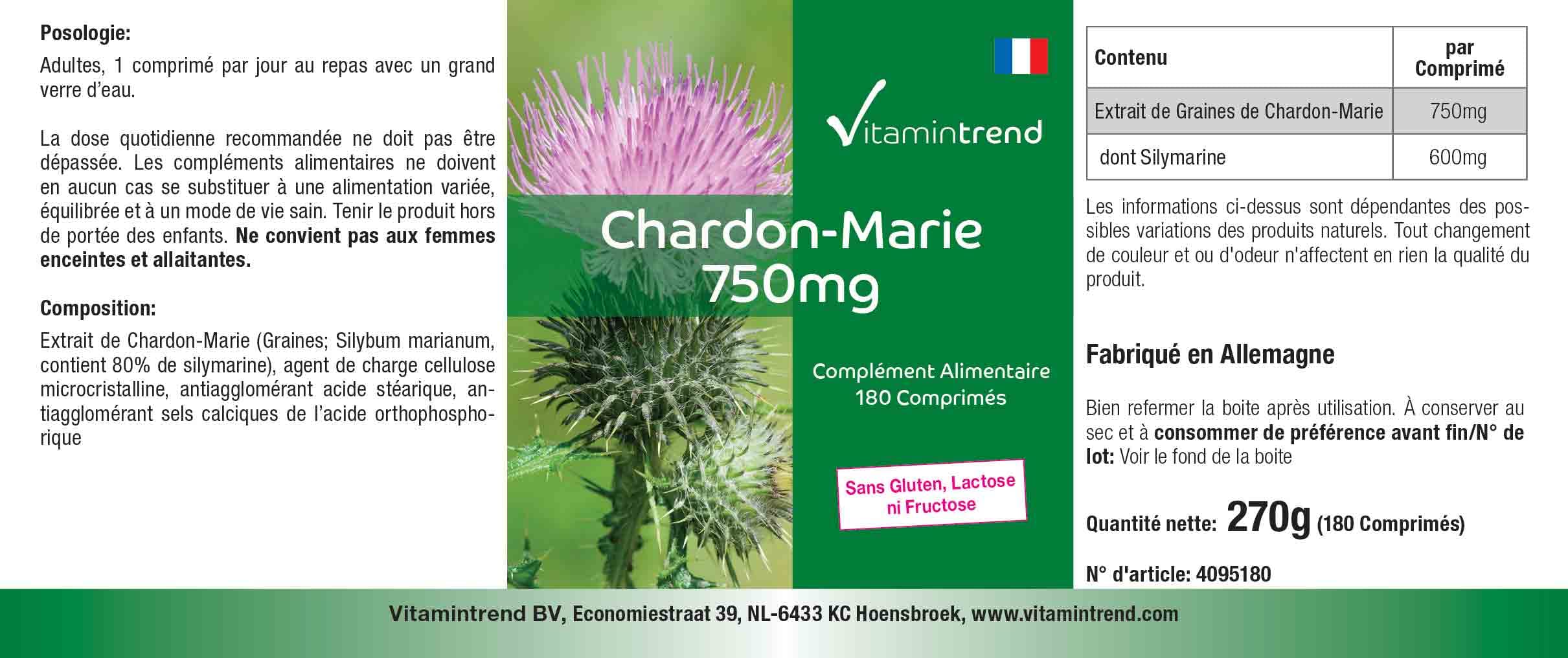 Vitamintrend Extrait de chardon-marie 750 mg, 180 comprimés, hautement dosé, complément alimentaire végan sans stéarate de magnésium, fabriqué en Allemagne