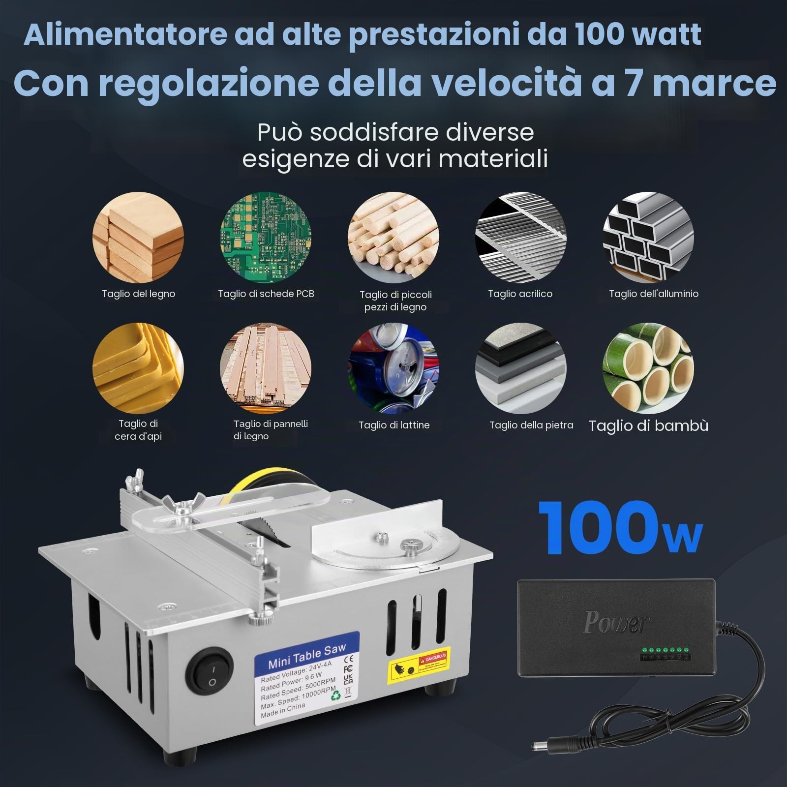 Mini sega circolare da tavolo con disco per lucidatura e 4 lame, mini sega circolare con alimentatore di rete a 7 marce, lama per sega regolabile da 0,1 a 15 mm, sega circolare portatile piccola per