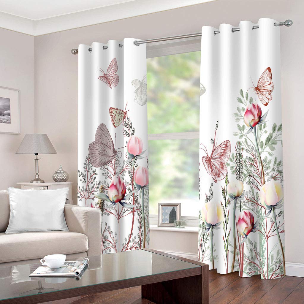 MAYNUO Rideaux Thermiques Isolants Anti Froid, Rideaux Fleur Rose Papillon Moderne 3D Imprimé Motif 200x160 Cm Rideau Occultants À Oeillets pour Chambre, Rideau Salon, Maison Chambre Fenetre