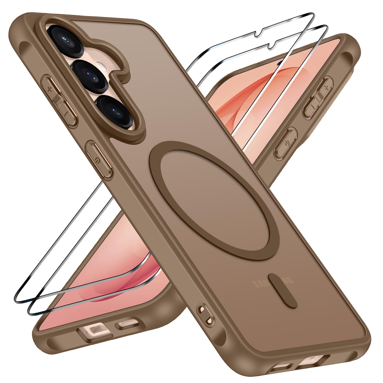 ivoler für Samsung Galaxy S26 Hülle, 1 Magnetisch Handyhülle mit 2 Stück Panzer Schutz Glas, [Kompatibel mit MagSafe] [Militärnorm Sturzschutz] Stoßfest Schutzhülle Silikon Case Matt Hellbraun