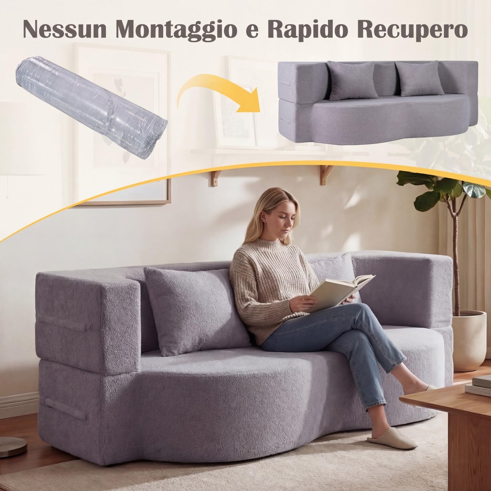 COSTWAY 2 in 1 Divano Letto Pieghevole, Divano a 2 Posti in Pile Teddy con 2 Cuscini Comodi, Nessun Montaggio, Divanetto Convertible Moderno per Soggiorno Camera Ospiti, 192,5x84x62 cm (Grigio)