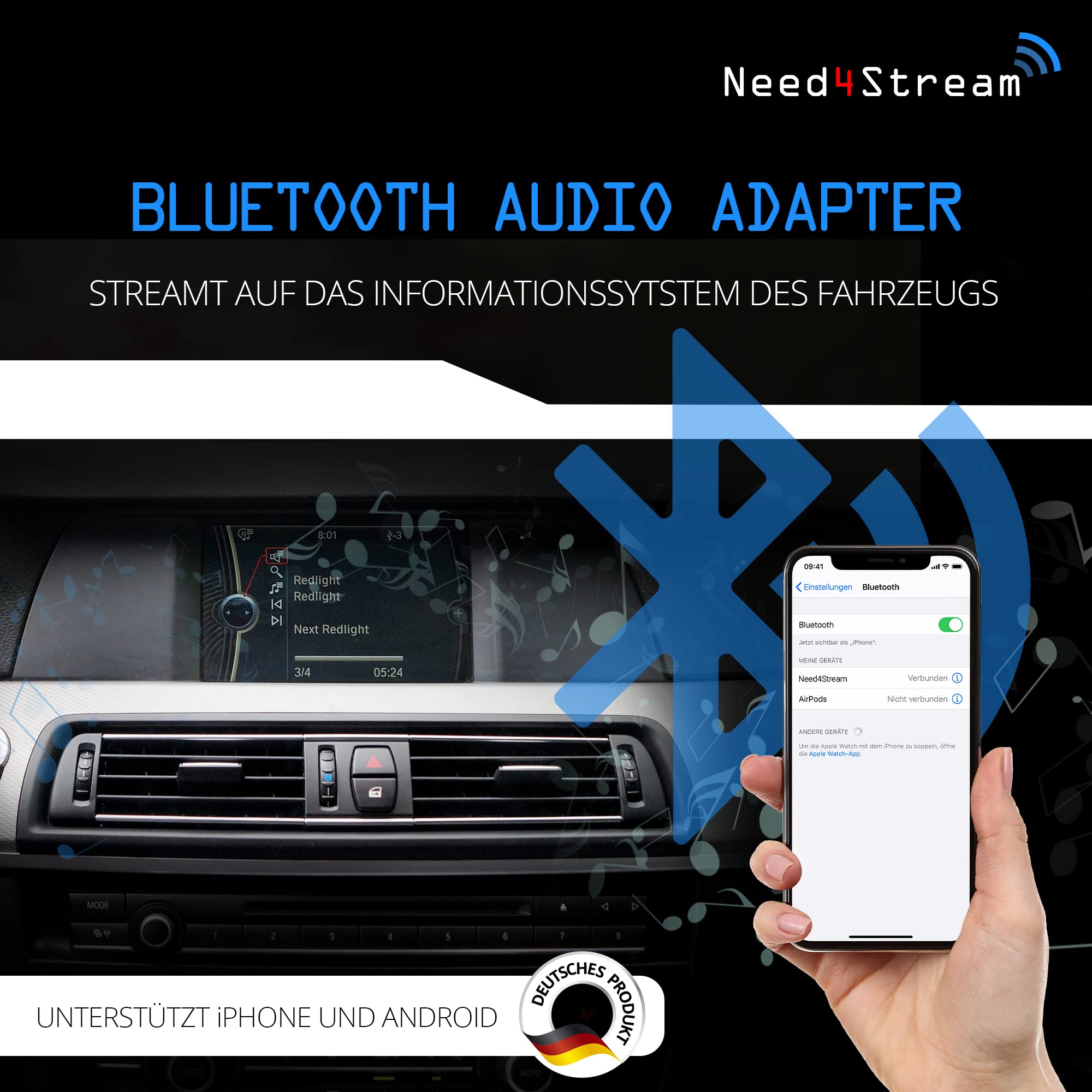 Need4Stream kompatibel mit BMW Radio M-Ask/Champ, Professional 1-DIN und CIC, Navigation iDrive CCC und CIC, N4S300B Bluetooth Audio Interface mit Titellisten, geeignet für iPhone und Android
