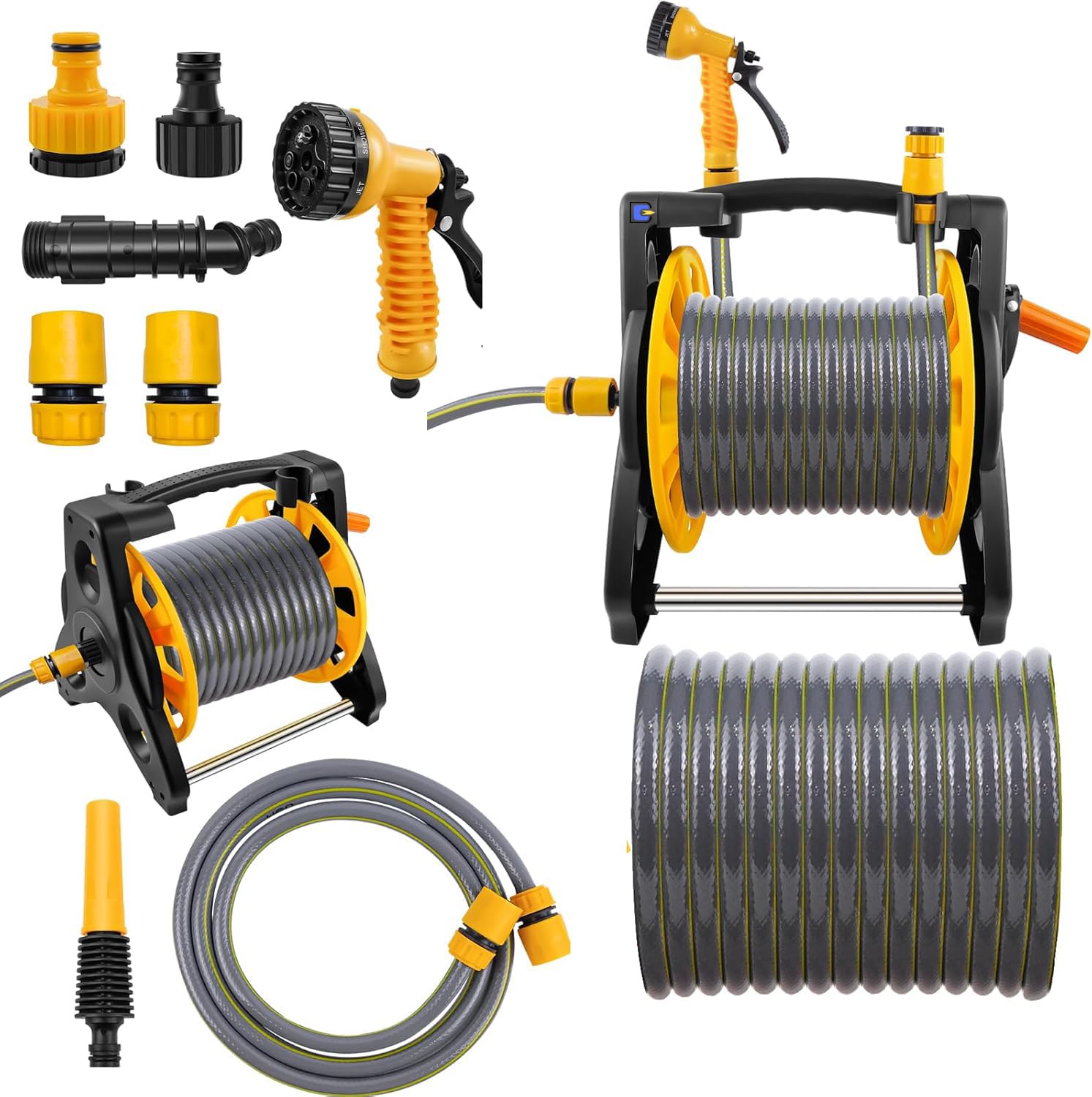Jupitor 30 M Heavy Duty Hose Reel Cart - 7 Spray Modes, Wall Mountable/Portable, UV Resistant Garden Pipe Reel for Large Gardens & Driveway Cleaning, with 30m Hose Pipe