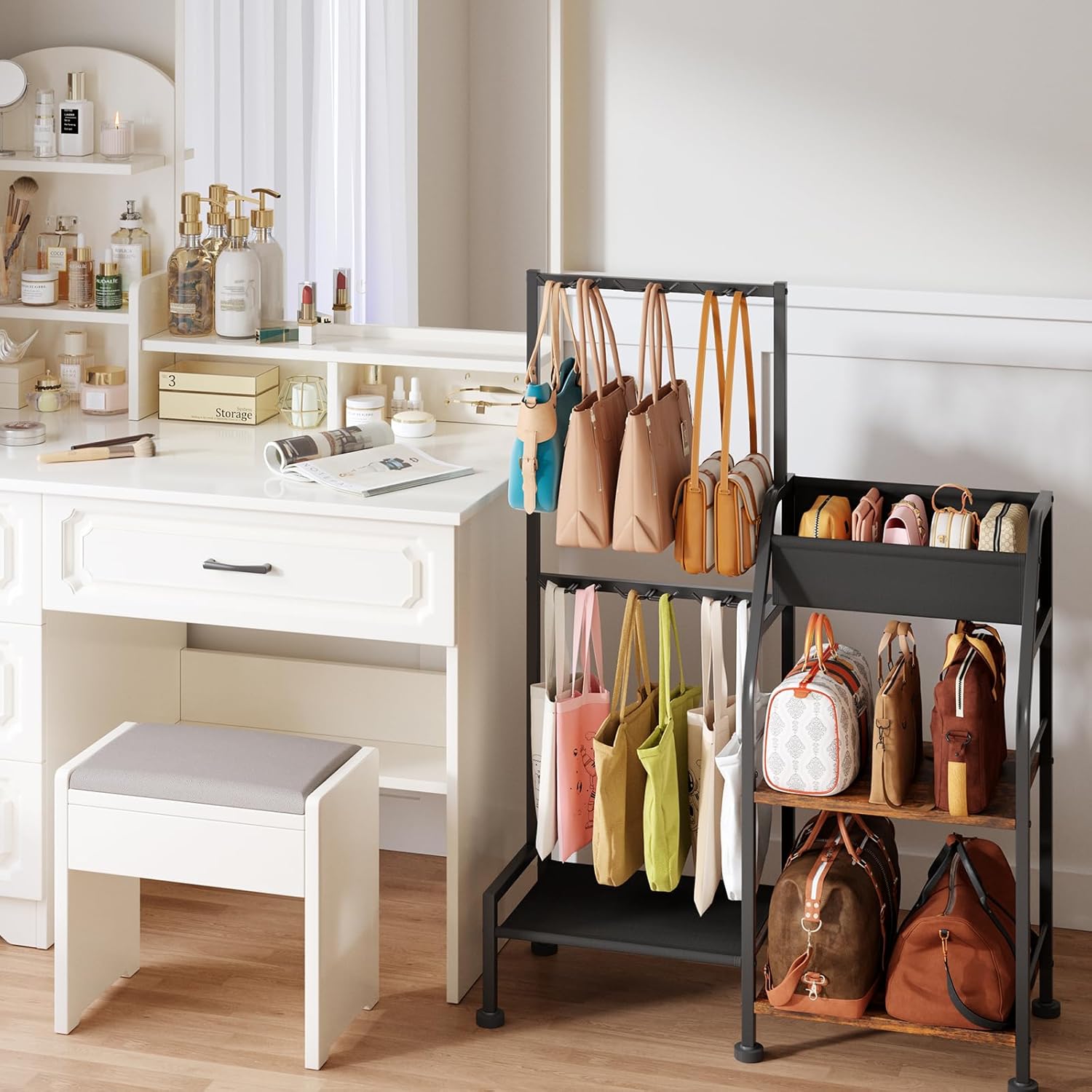 Purse Organizer for Women - 3-Tier Storage Stand & 12 Fixed Hooks, Visible Backpack Storage, Space-Saving Bag Organizer Rack for Home, Closet, Black - Image 7