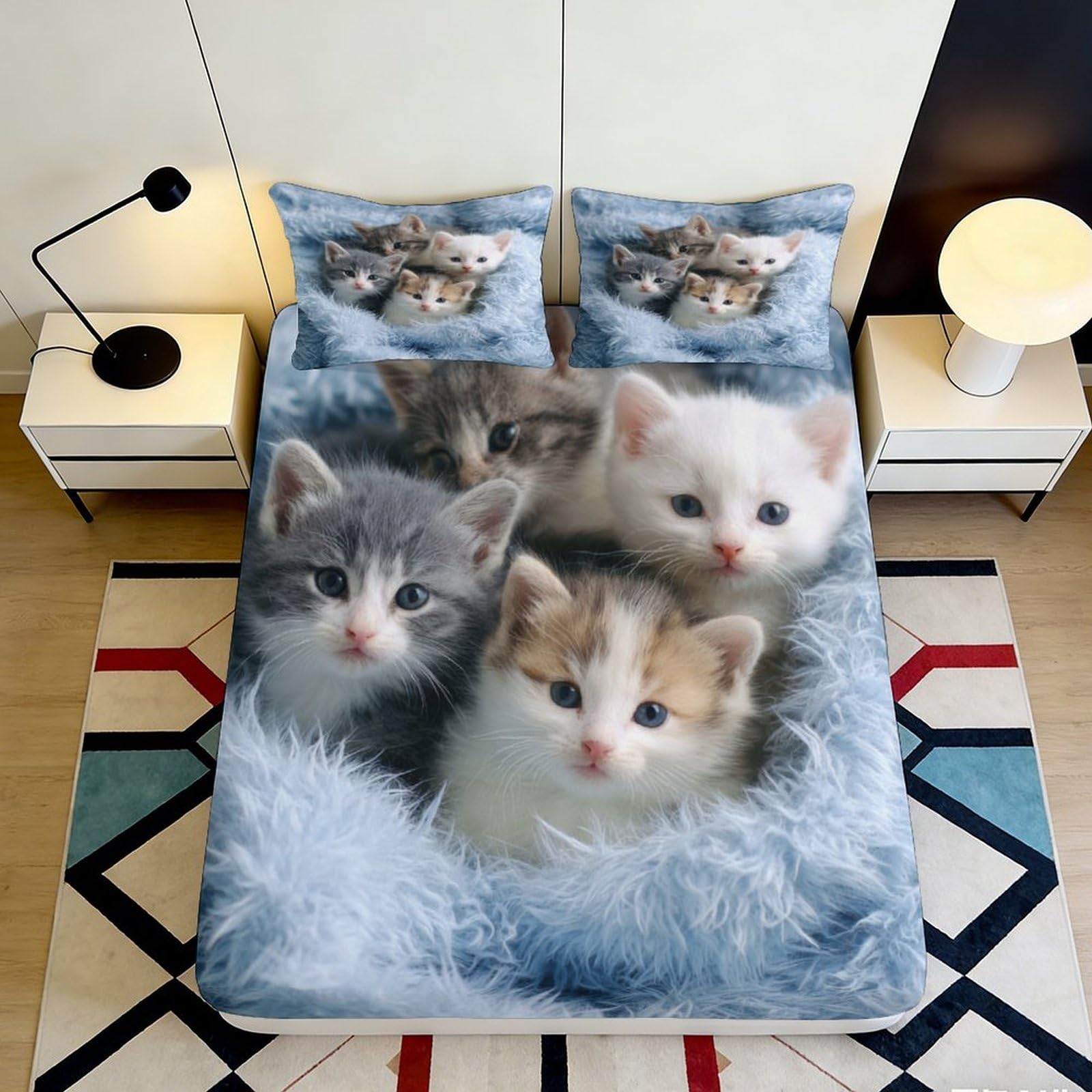 Pnayamiorkfel Style-8 3D Printed Fluffy Kitten Fitted Sheet Microfiber Soft Bedroom Decor Cat Family Mattress Cover For Home Dorm 90X200x25cm