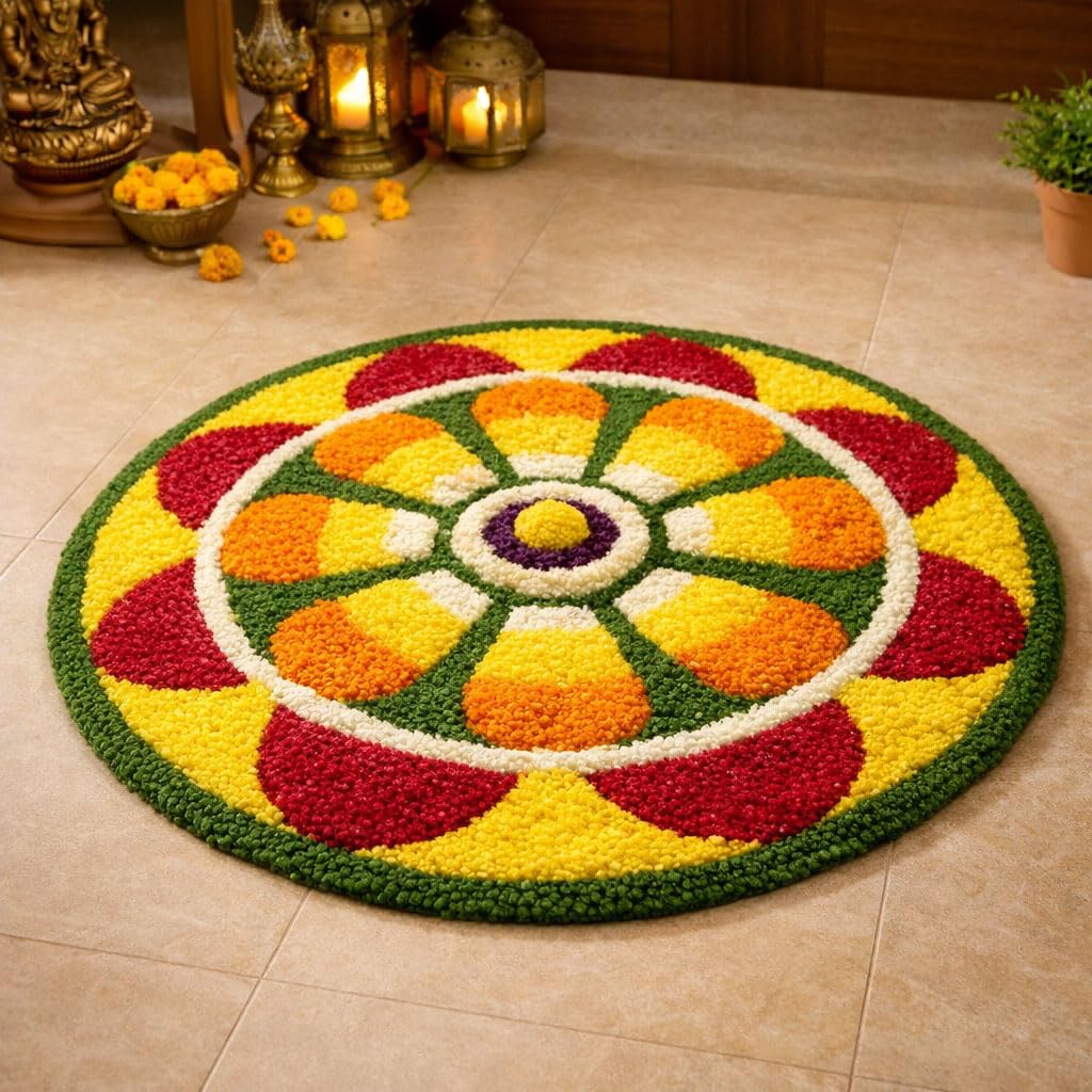 Super Soft Microfiber Traditional Modern Round Rangoli Door Mat For Home, Temple, Living Room, Kitchen, Door Entrance (24 x 24 Inch, Floral), Design Mat008, Multicolor-image-13
