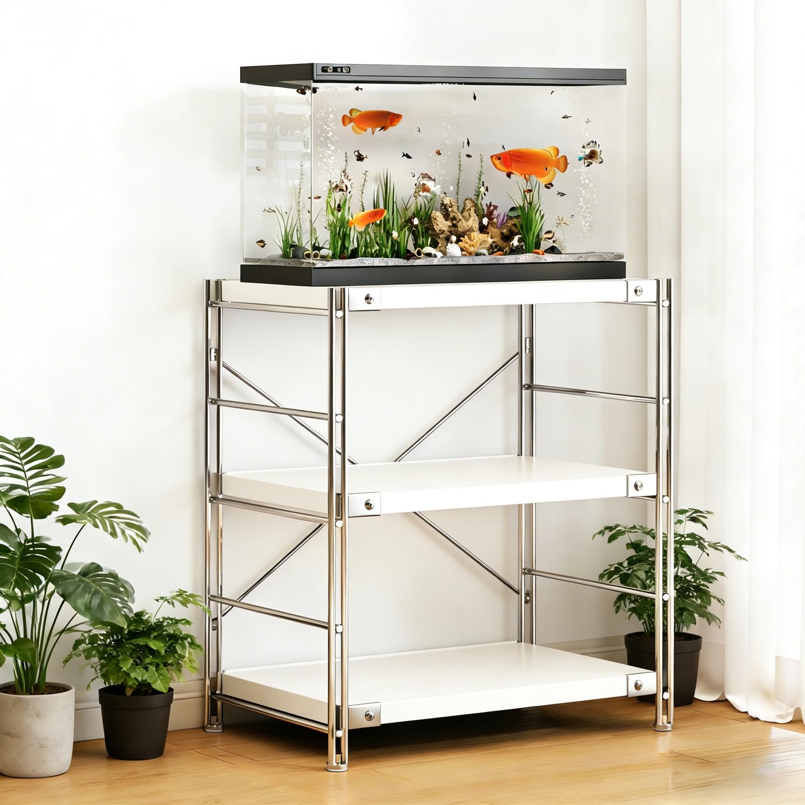 3-poziomowy stojak do akwarium, 8 mm, solidna stal, stojak na akwarium, nośność 100 kg, regulowana wysokość, półka terrarium, biały, 40 x 30 cm