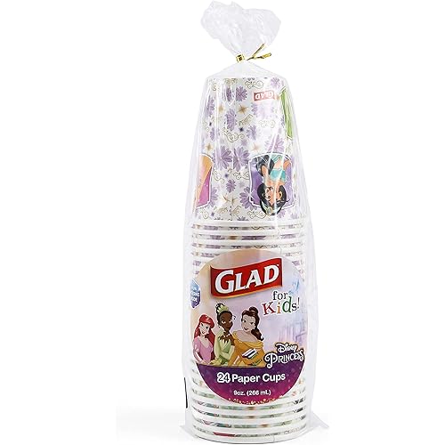Glad for Kids Disney Princess 9oz Paper Cups | Disney Princess Paper Cups, Kids Snack Cups | Kid-Friendly Paper Cups for Everyday Use, 9oz Paper Cups 24 Ct