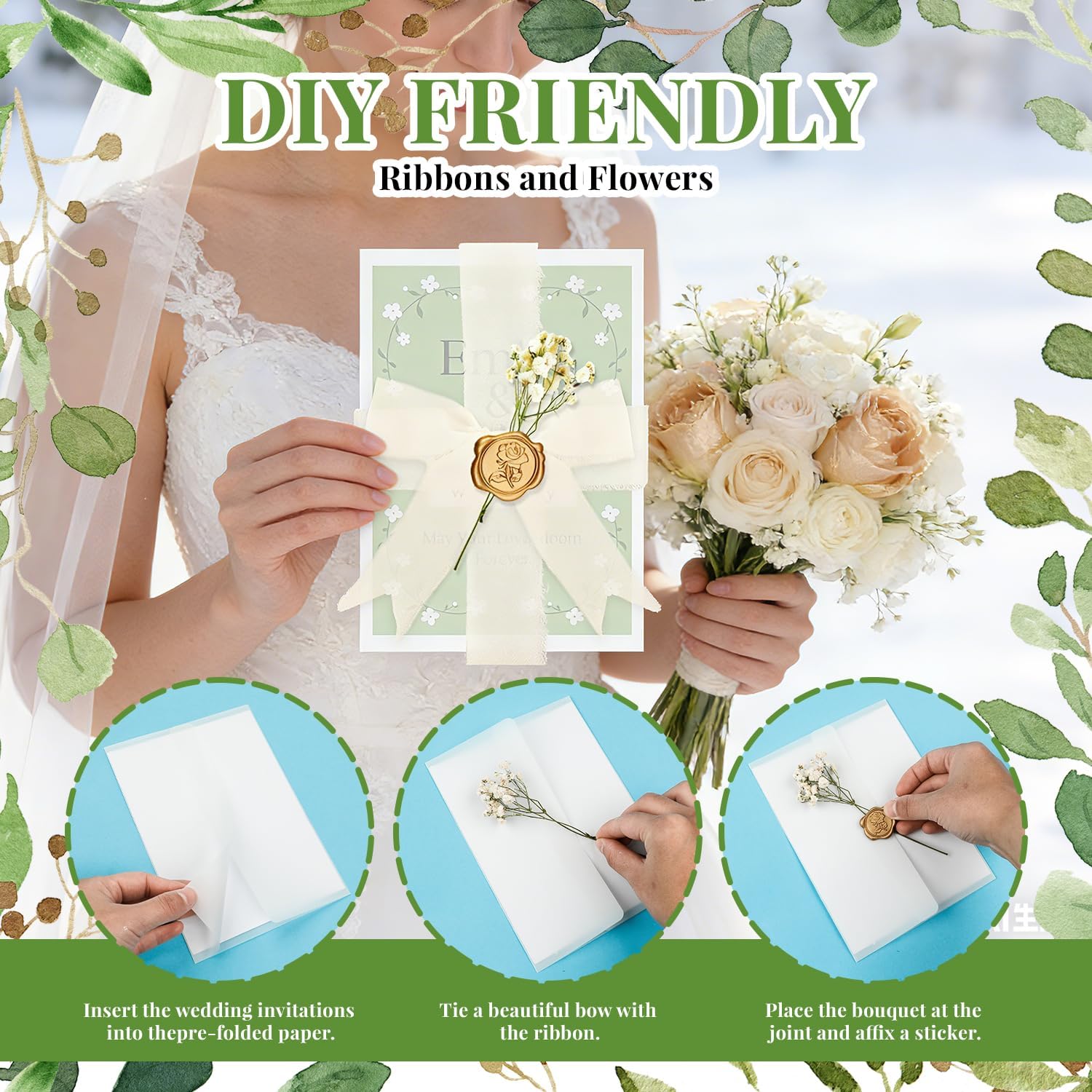 100Sets Wedding Invitations Wraps Set, Pre Folded Vellum Jackets for 5x7 Invitations with Self Adhesive Gold Wax Seal Stickers, Ribbon, White Dried Flowers, Wedding Invitation Kit for Bridal Craft DIY