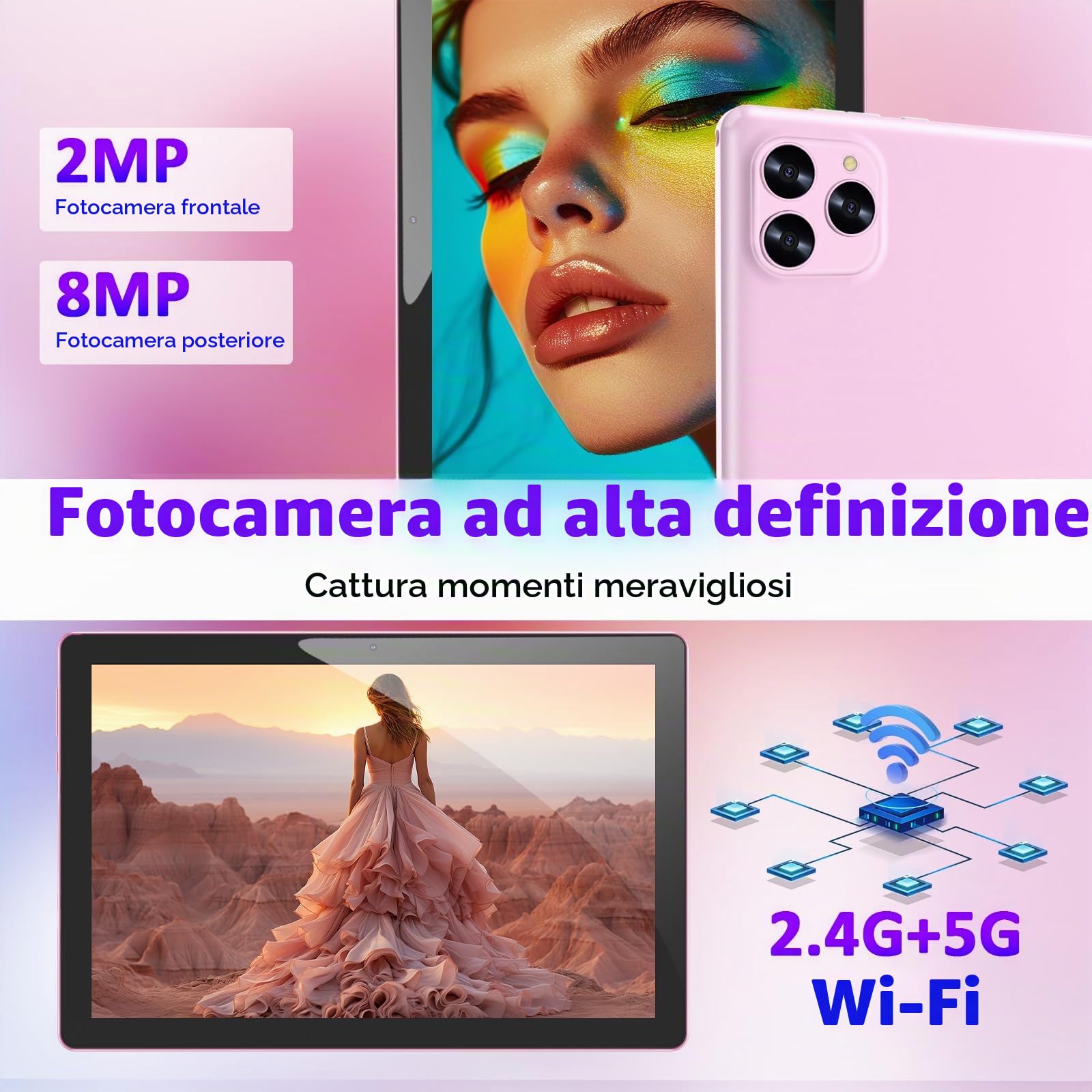 Tablet Android 15, 10 pollici 12 GB RAM+64 GB ROM/2 TB tablet espandibile, 1280 * 800 HD touch screen, 5G WiFi6 BT 5.0, tablet 2 in 1 con custodia per tastiera mouse stilo rosa