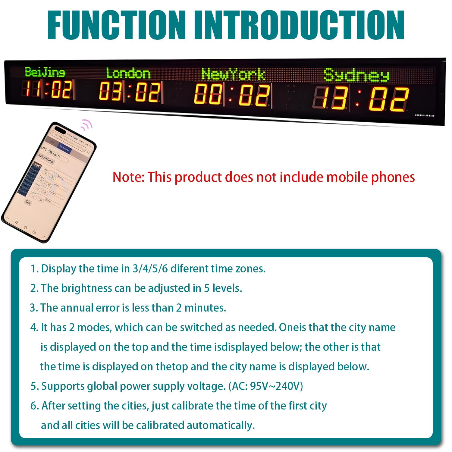 World Clock - Reloj electrónico montado en la pared para interiores, brillo ajustable, múltiples zonas horarias para oficinas, hoteles y empresas