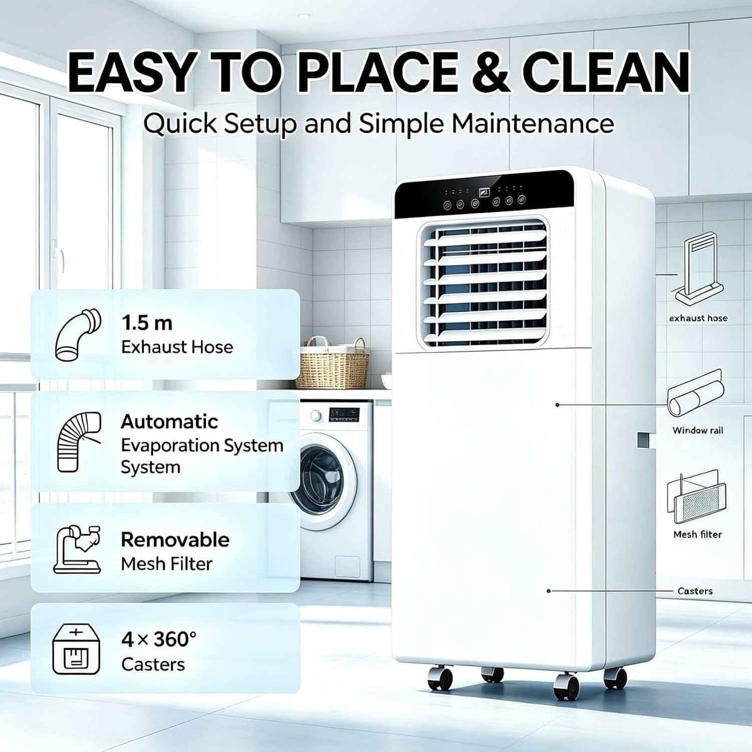 Aire Acondicionado Portátil 3-en-1 9000 BTU, Silencioso Sin Unidad Exterior, Enfriador para Habitación 220 ft², con Temporizador y Mando a Distancia para Salón, 14000 British Thermal Units