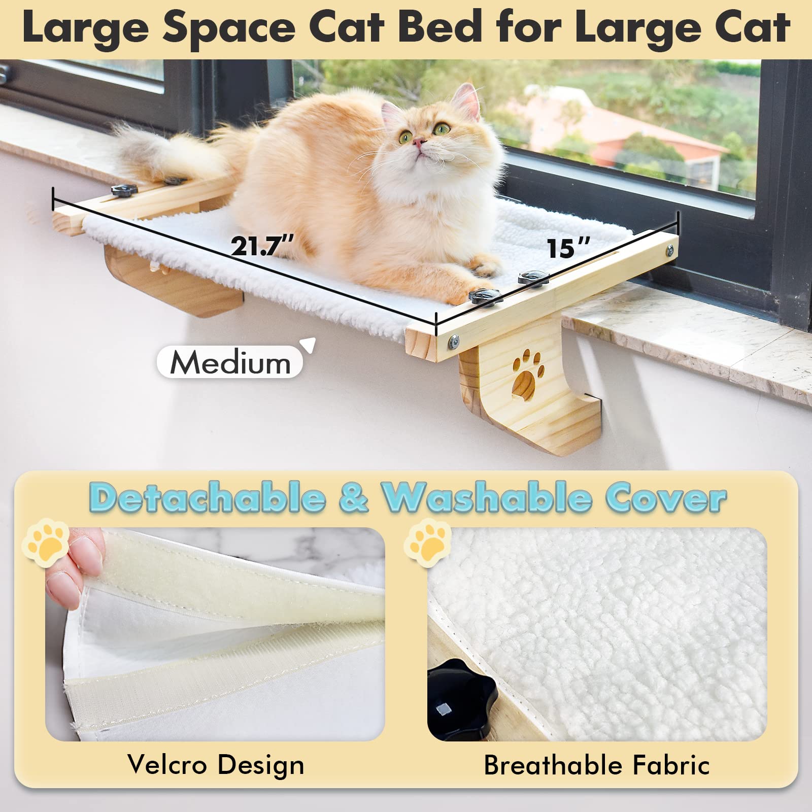 AMOSIJOY Cat Sill Window Perch Sturdy Cat Window Hammock with Wood & Metal Frame for Large Cats, Easy to Adjust and Assemble Cat Bed for Windowsill, Bedside, Drawer and Cabinet (M-White Plush)