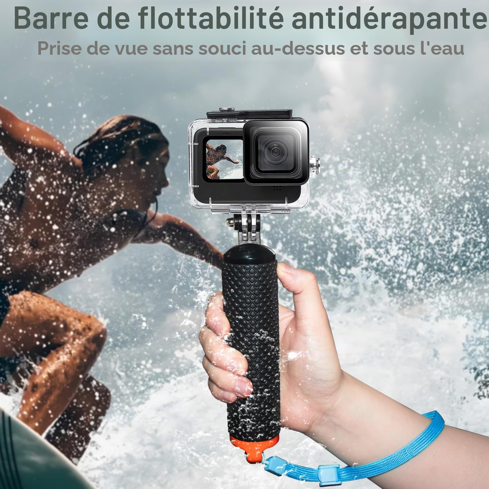 OKFUN Boîtier étanche avec 3 filtres pour Go Pro Hero 13-10 noir, coque de protection sous-marine monopode flottant poignée bâton d'action camera accessoires