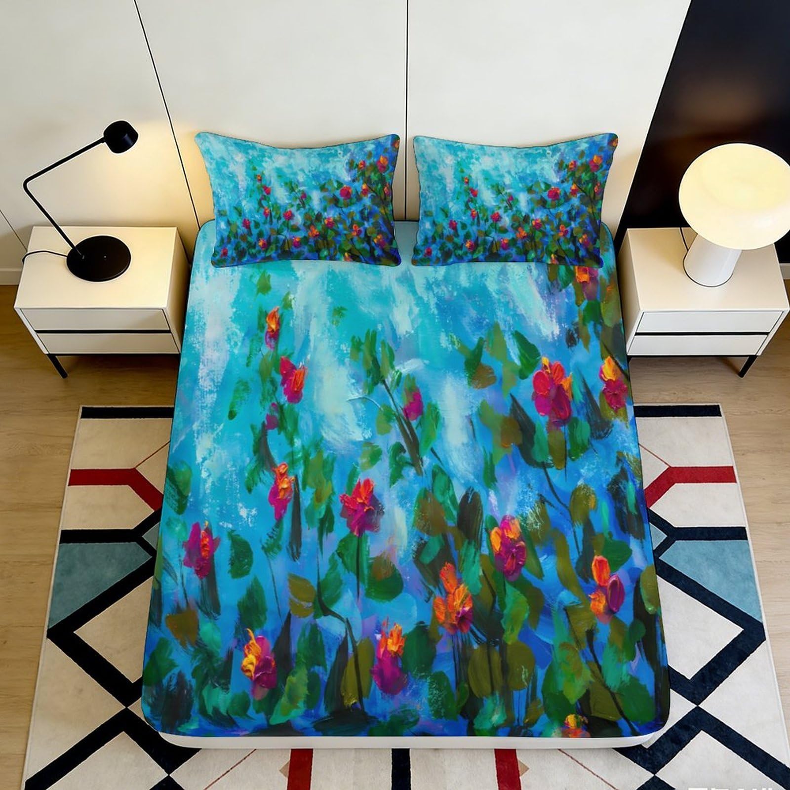 Jqzkxnhpbr Style-9 3D Printed Water Lily Garden Fitted Sheet Microfiber Soft Blue Artistic Floral Mattress Cover For Bedroom Guest Room Decor 90X200x25cm