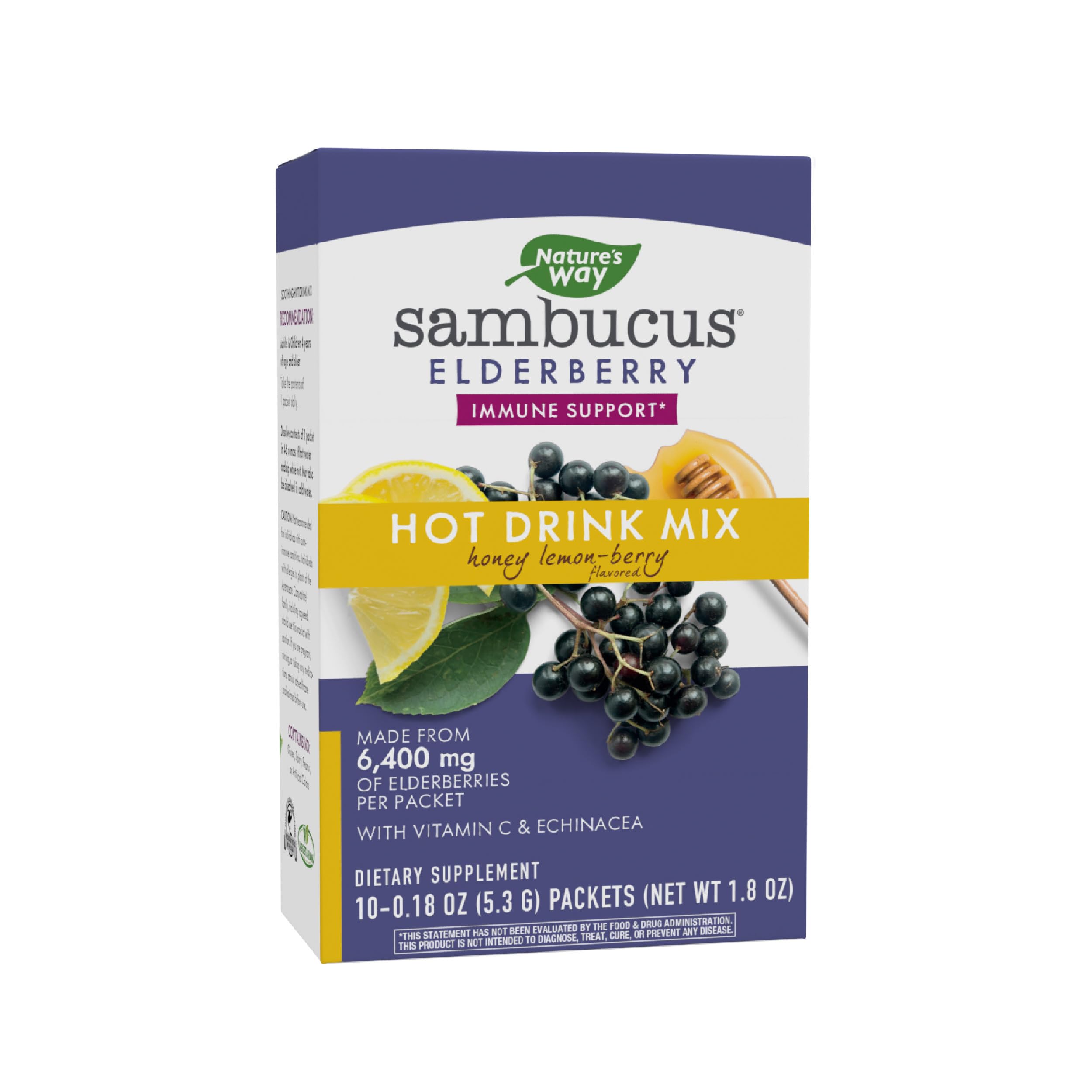 Nature's Way Sambucus Elderberry Hot Drink Mix with Vitamin C and Echinacea, Immune Support*, Honey Lemon-Berry Flavored, 10 Packets