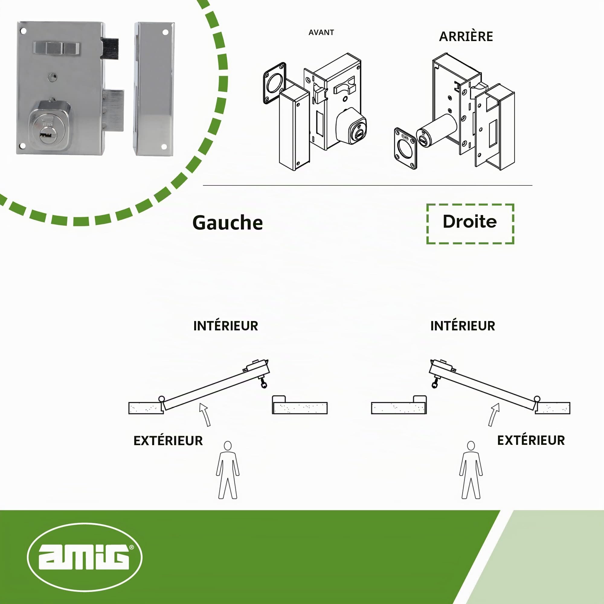 Amig - Verrou de rechange droit avec levier de fermeture, languette et poignée pour porte en bois Mod. 75, 72 x 112 mm, cylindre rond de sécurité, acier argenté