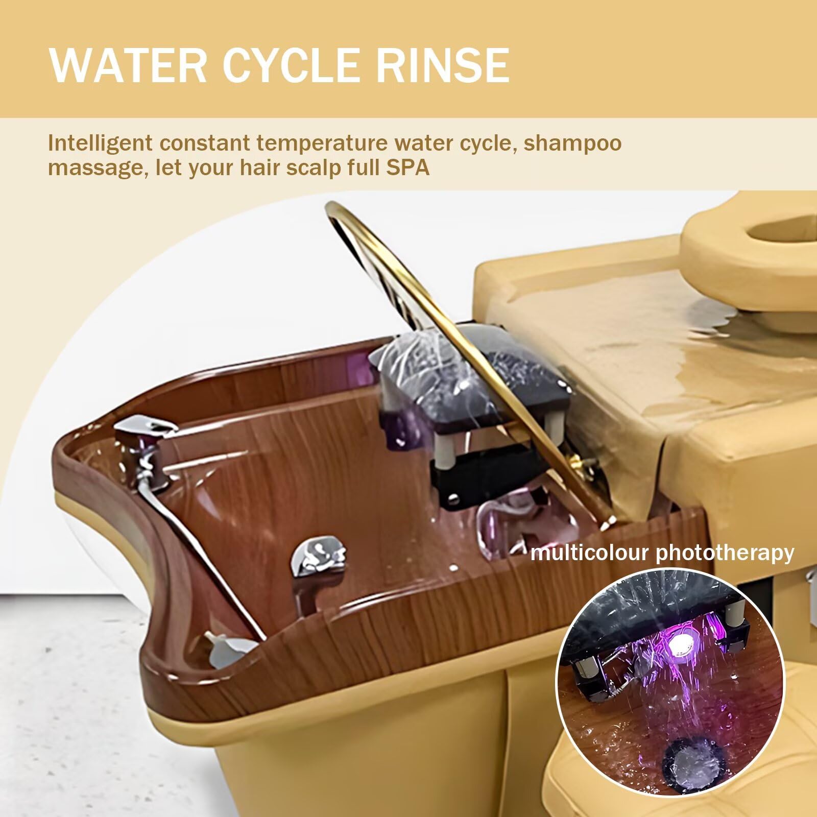 Kopfmassageliege, minimalistisches Design in Gelb, professionelle Ausstattung mit Wasserkreislauf, Desinfektion, viel Stauraum, inklusive Hocker