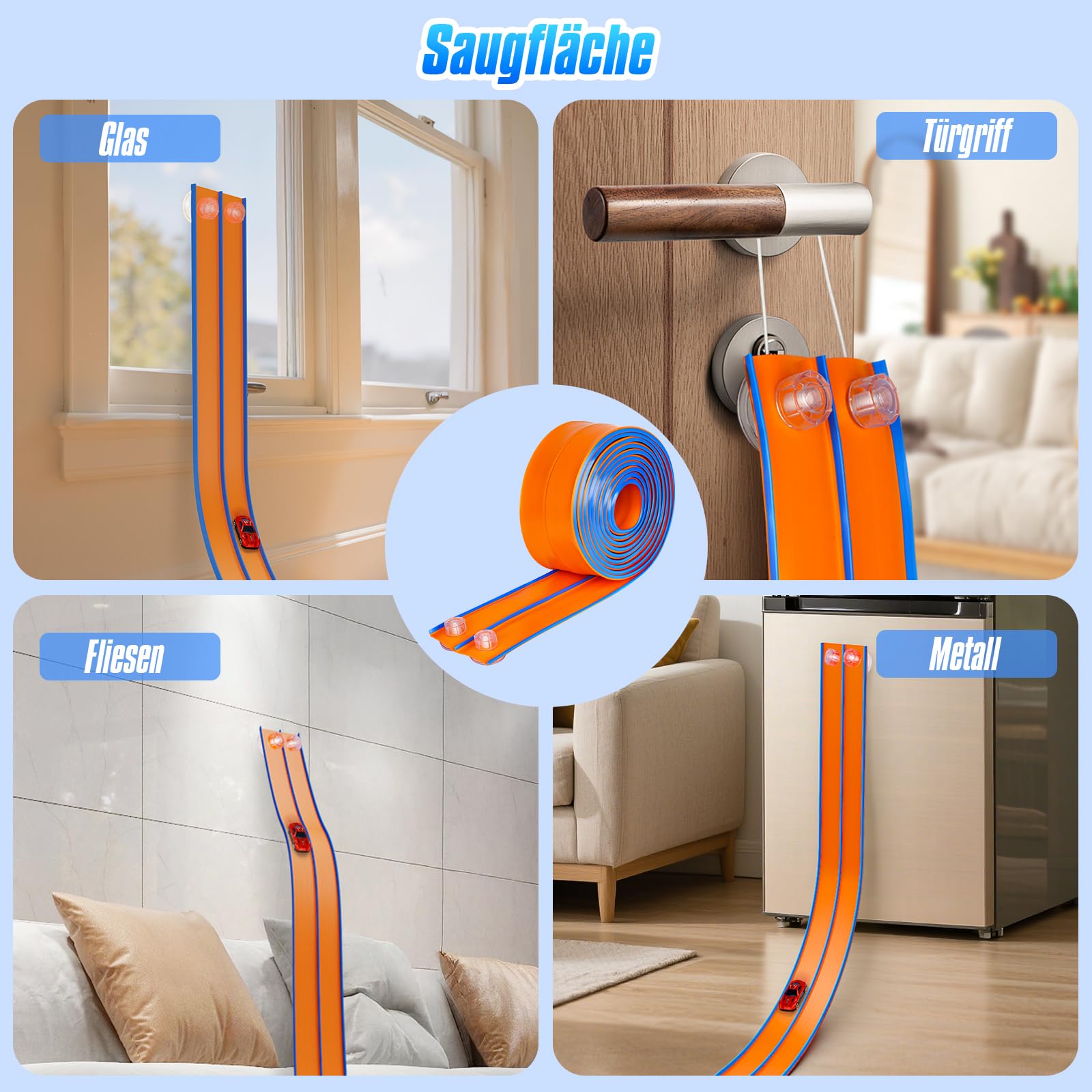 Hot Bee 4,5M Autorennbahn Spielzeug aus Silikon mit Saugnapf, Flexible Rennstrecke für Kinder ab 3 Jahre, Fenster & Wand Rennbahn Set, Kompatibel mit 1:64 Autos