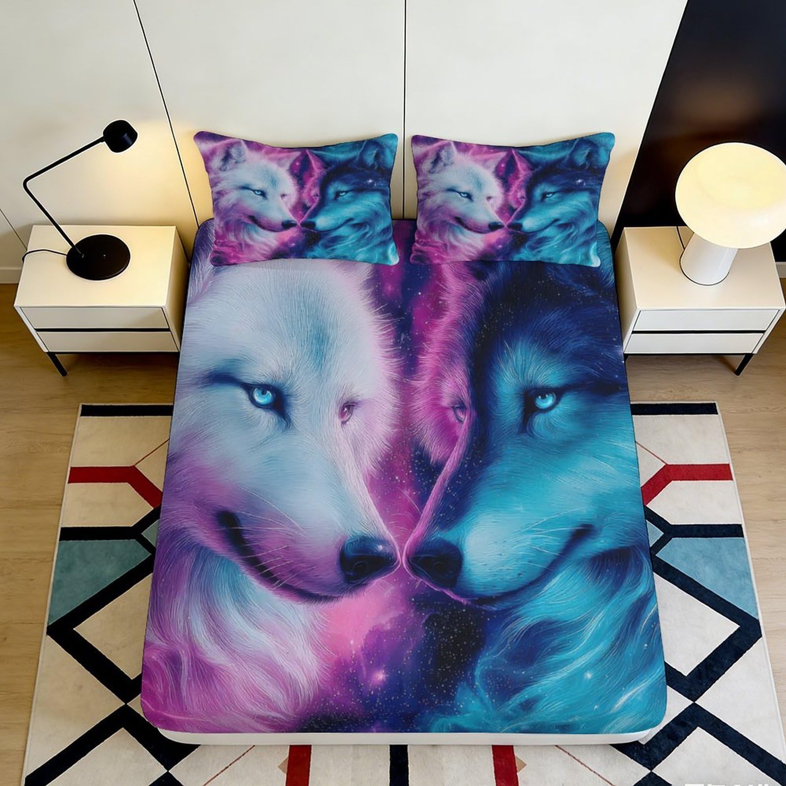 3D Printed Wolf Fitted Sheet Microfiber Deep Pocket Bedroom Bedding Elastic Hem Wolf Mattress Fitted Cover for Adults Teens 200x200x25cm 90x200x25cm