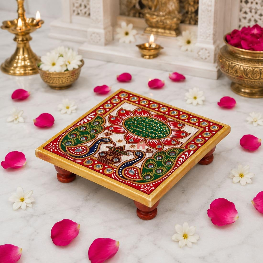 Handicrafts Paradise Peacock Design Painted Marble Chowki (10.2 cm x 10.2 cm x 2.55 cm)-image-42