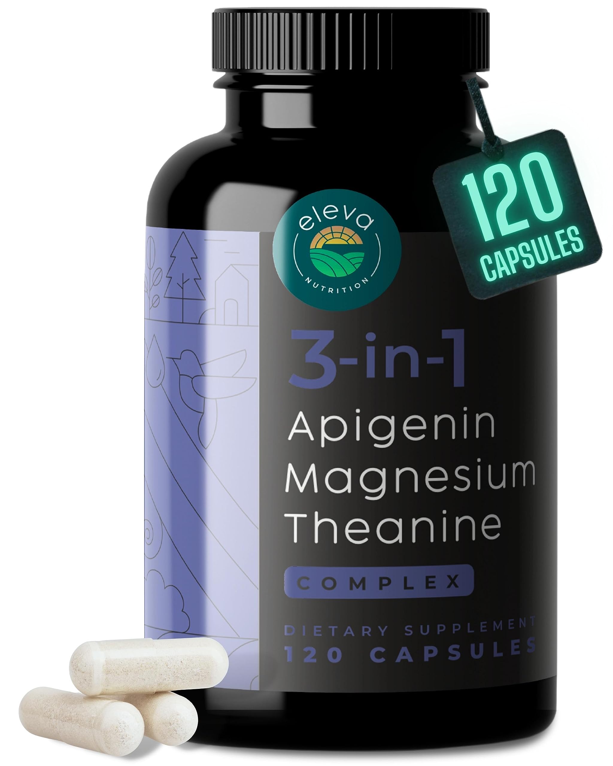 Apigenin Theanine Magnesium Bisglycinate 3-in-1 Complex Supplement Support Relaxation - Made in The USA - Zero Fillers - Gluten Free & Non-GMO - 120 Veggie Capsules
