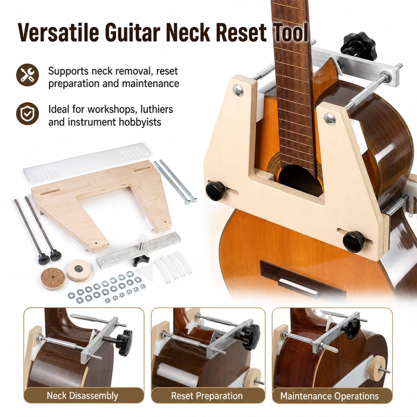 Zestaw narzędzi do demontażu gryfów gitarowych, regulowana siła zacisku | Narzędzie do resetowania gryfów, pręty ze stali nierdzewnej, separacja i reset gitar, dla muzyków i lutników