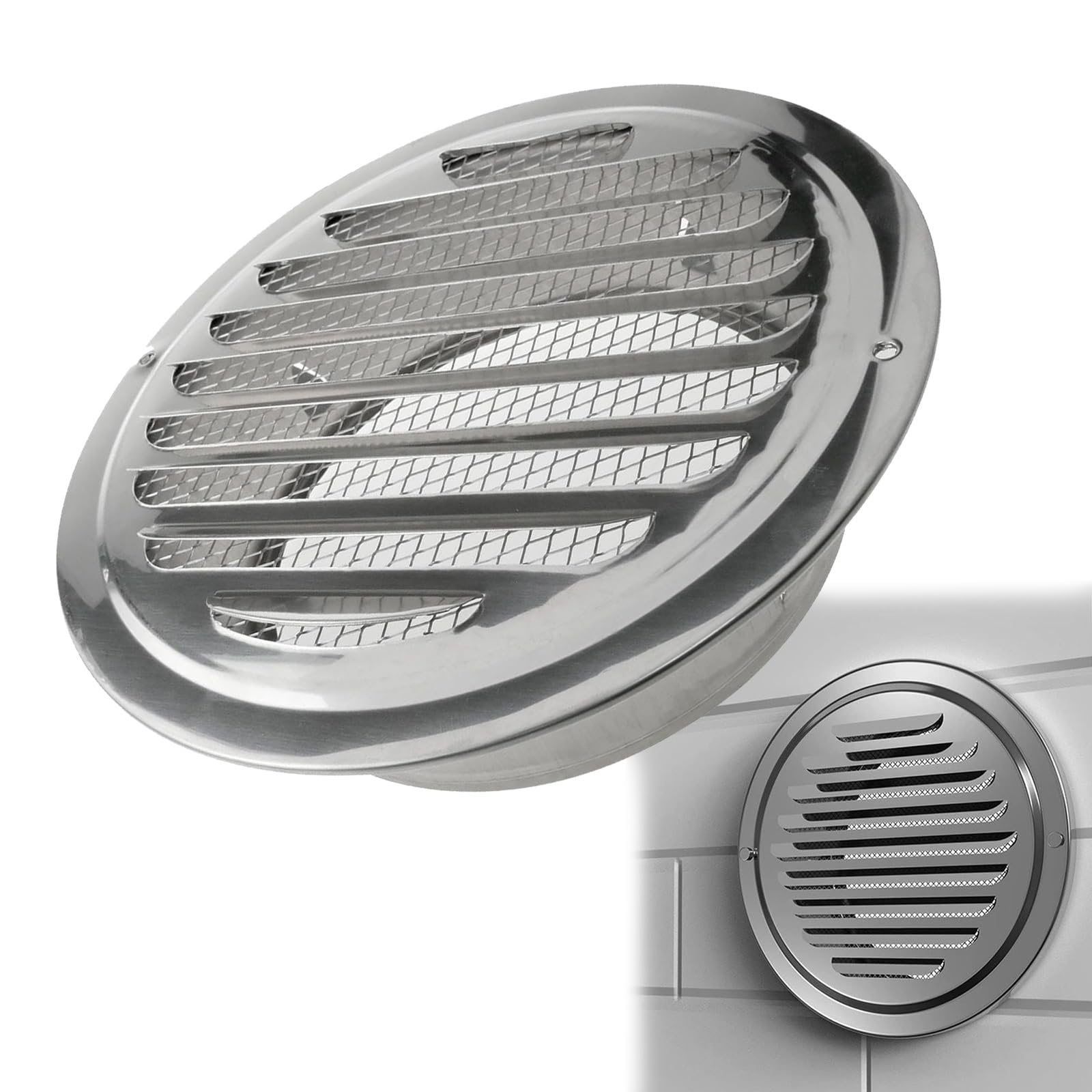 Acier Inoxydable Grille De Ventilation 70 80 100 125 150mm - Grille D'aération avec Maille - Durable Capot De Sortie d'air Hotte D'échappement, pour Garage Cuisine Salle De Bain Mur VR