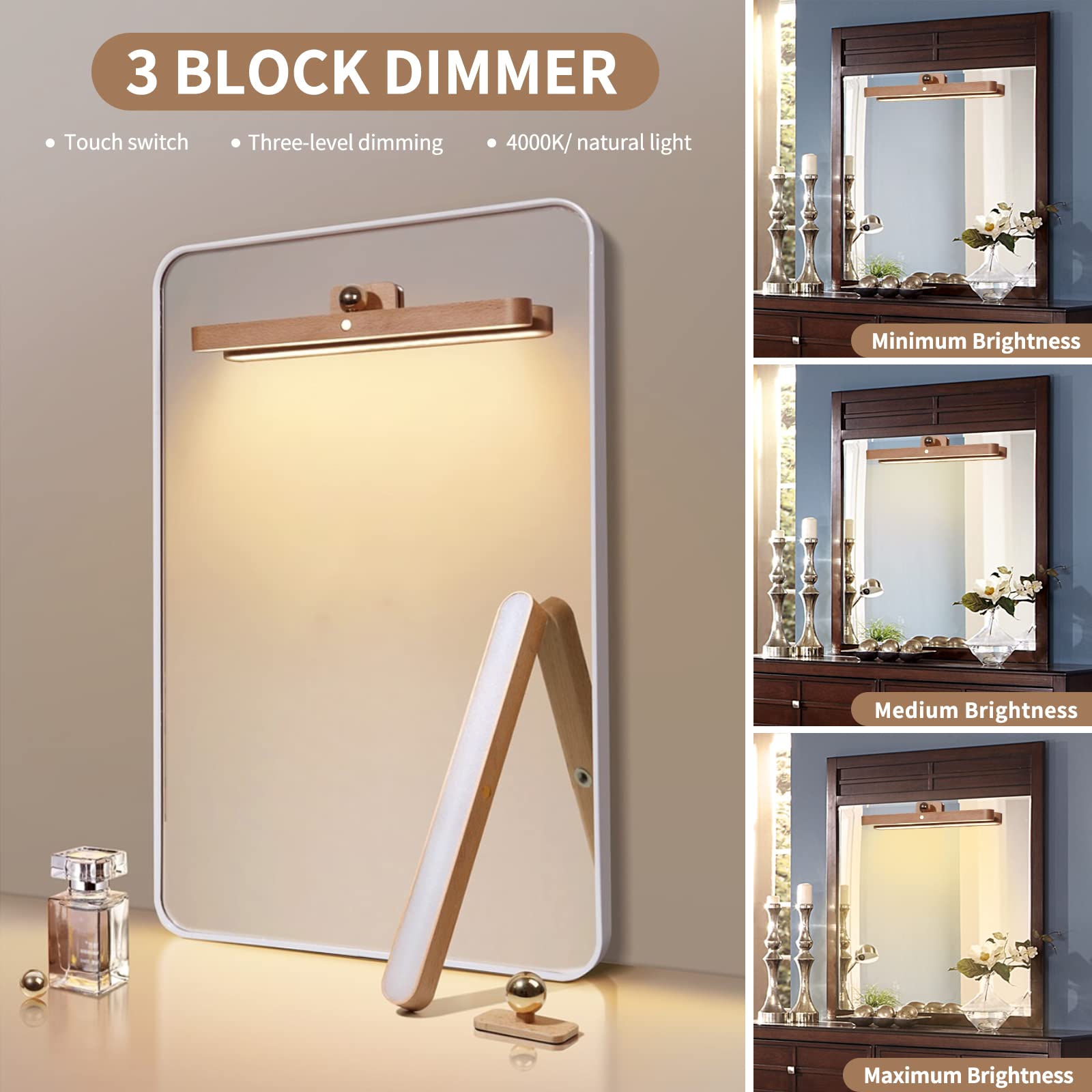Lámpara LED para espejo de baño, 3.5W lámpara de pared de madera diseño magnético, lámpara de espejo regulable, rotación de 360°, luz de espejo de maquillaje recargable con interruptor táctil