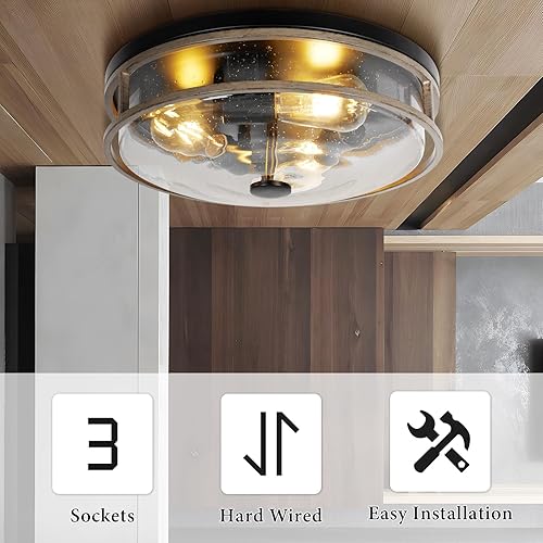 Miniatura 3 de Lámpara de techo grande de 16 pulgadas con vidrio sembrado, pantalla redonda de grano de madera, moderna iluminación de techo para interiores y