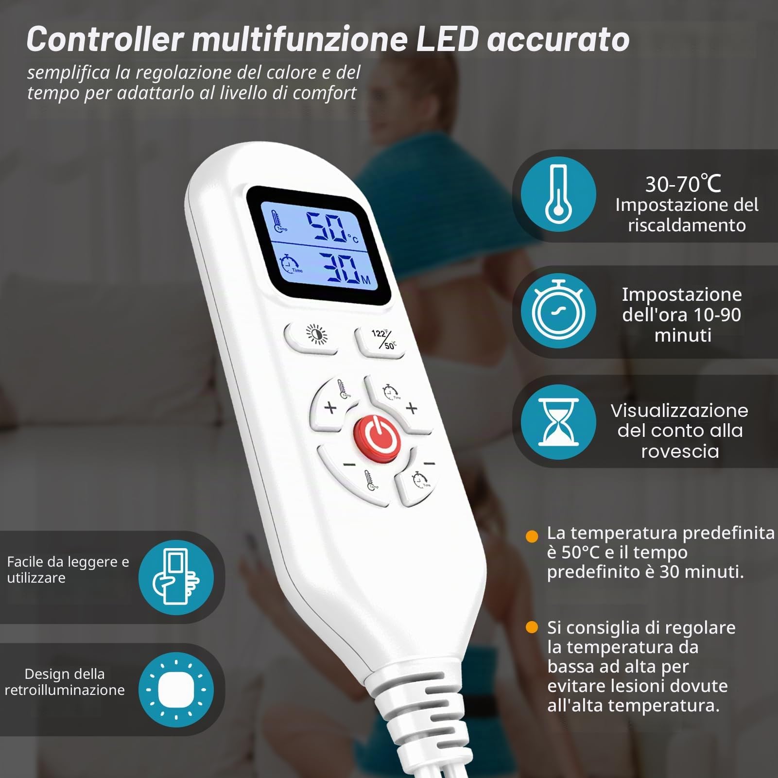 JOBYNA Termoforo Elettrico, Cuscino Termoforo con Cintura, Cuscino Termico 30-70℃ e 10-90 Minuti Regolabili, per collo, spalle, schiena, braccia, muscoli (30 x 60 cm)