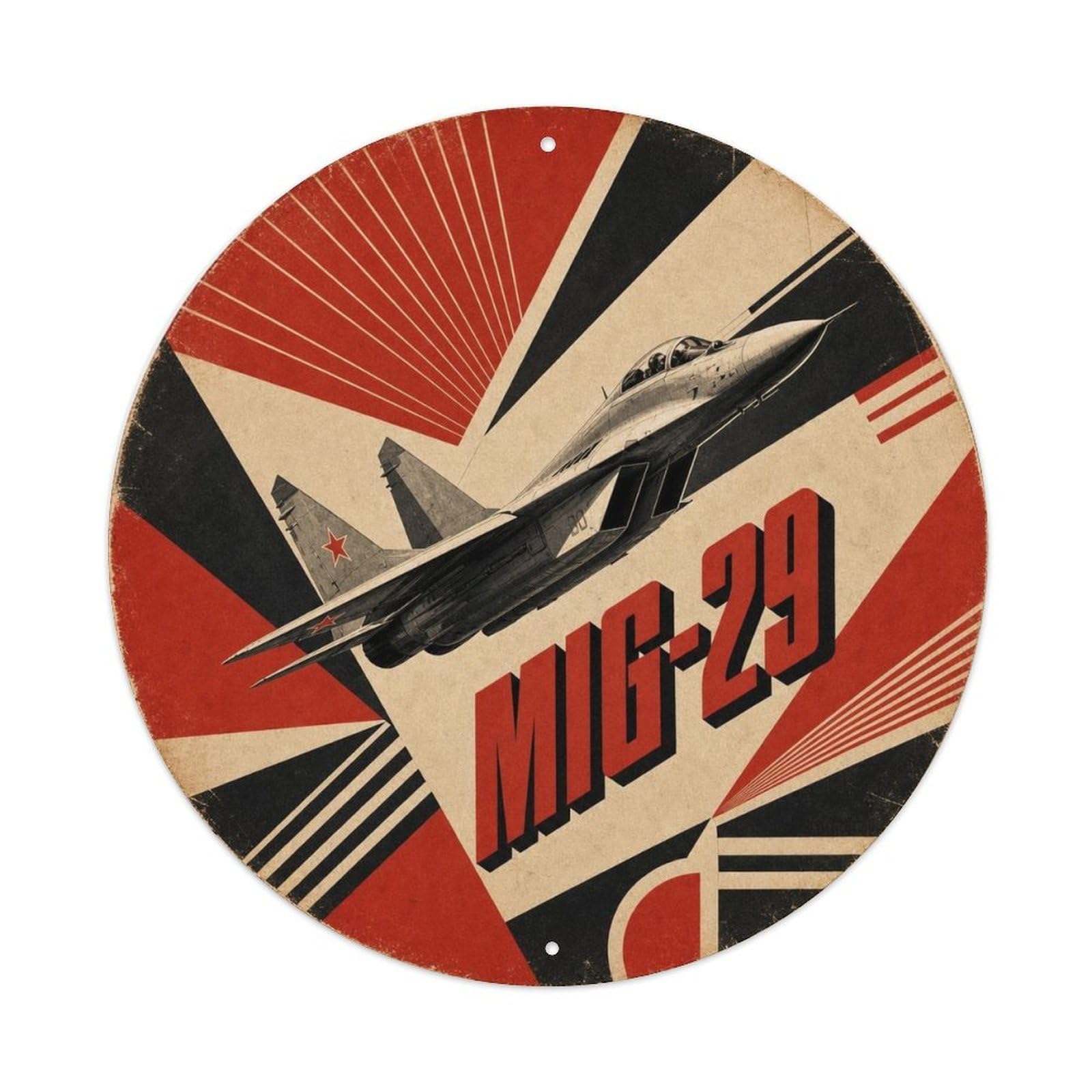 MiG-29 Fulcrum Soviet Fighter Jet Retro Constructivist Metal Tin Sign Plaque Wall Decor for Cafe, Man Cave, Club Bar, Office, Home Garden Round Metal Poster 8x8Inch