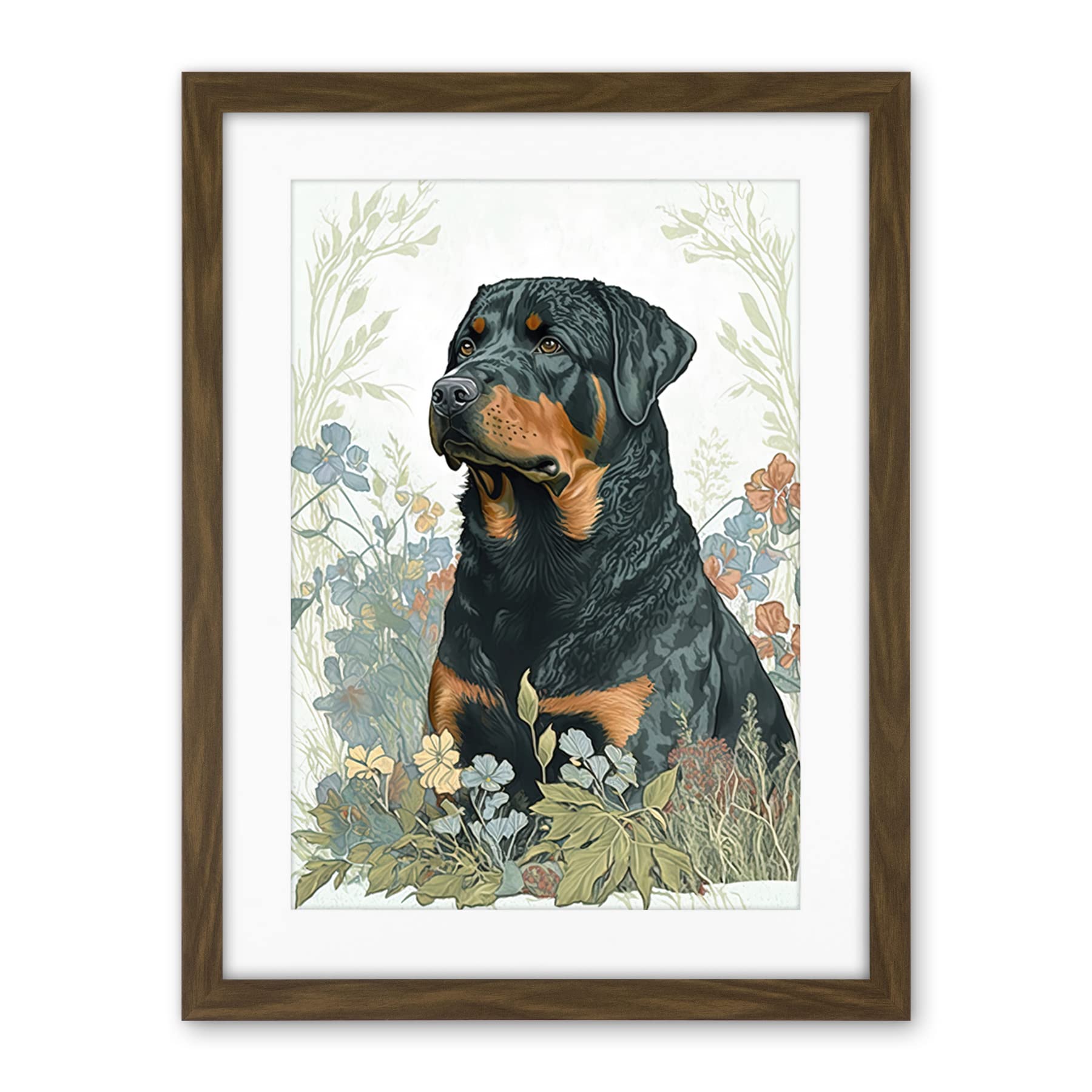 Artery8 Rottweiler Dog Sitting in Flower Field Modern Watercolour Illustration Artwork Framed Wall Art Print 18X24 Inch