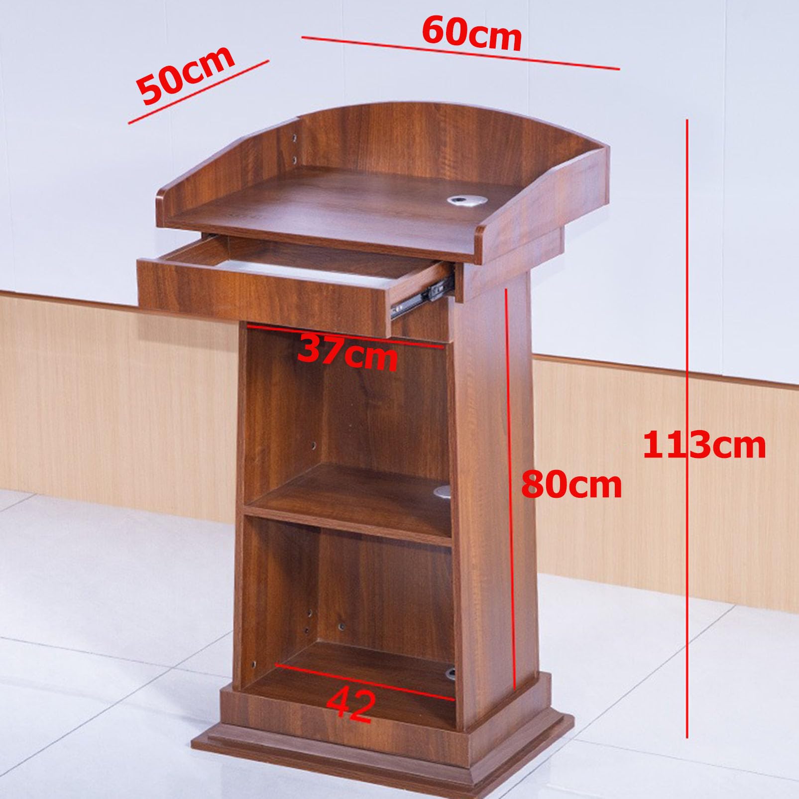 Nowoczesne drewniane podium ze stojakiem idealne do biur, sal konferencyjnych, szkół, audytoriów i liczników przyjęć restauracyjnych – stylowe i funkcjonalne rozwiązanie do prezentacji