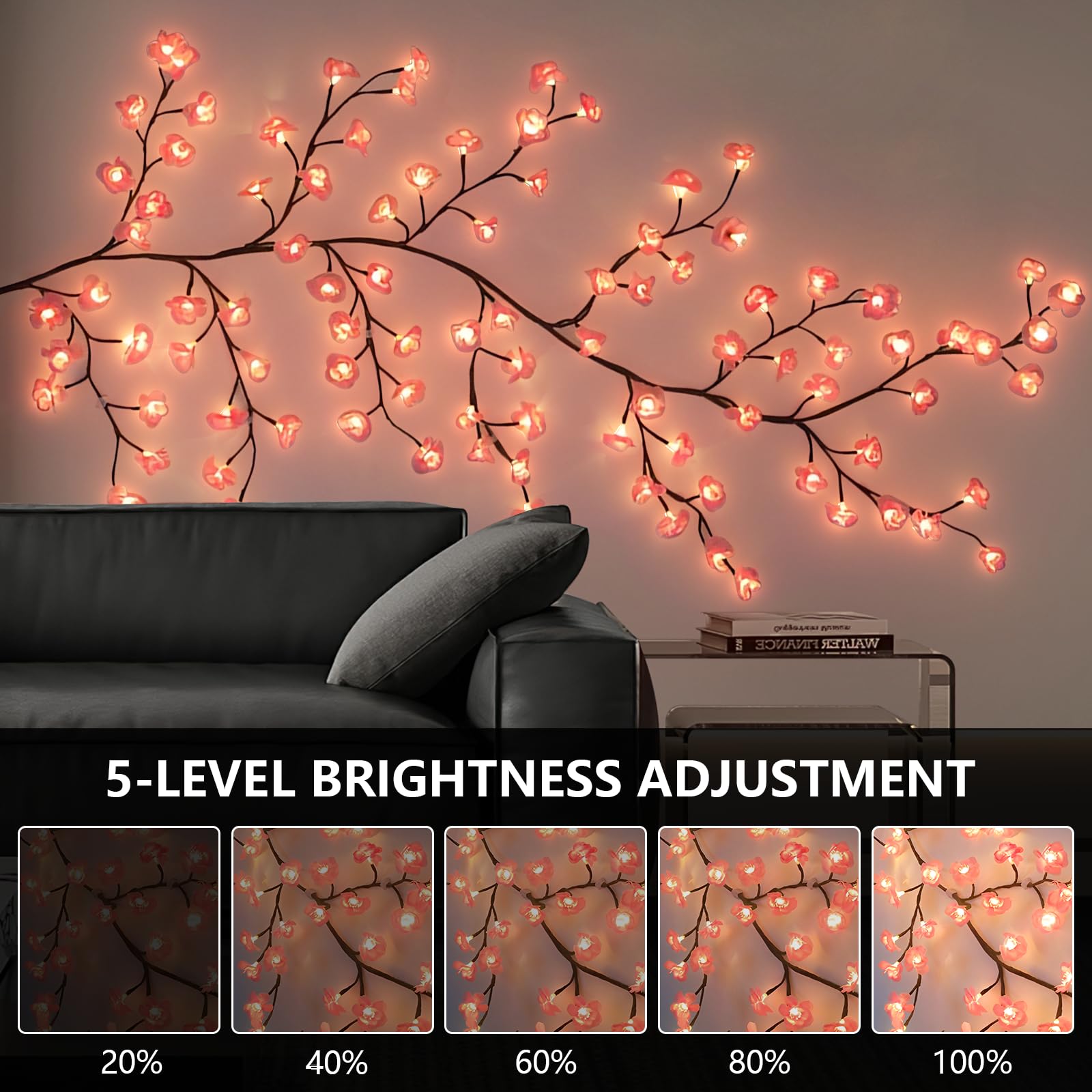 Branches de fleurs de cerisier LED - 180 cm - 96 LED - Décoration murale - Guirlande lumineuse en rotin blanc chaud avec 8 modes et télécommande - Décoration idéale pour chambre à coucher, salon et