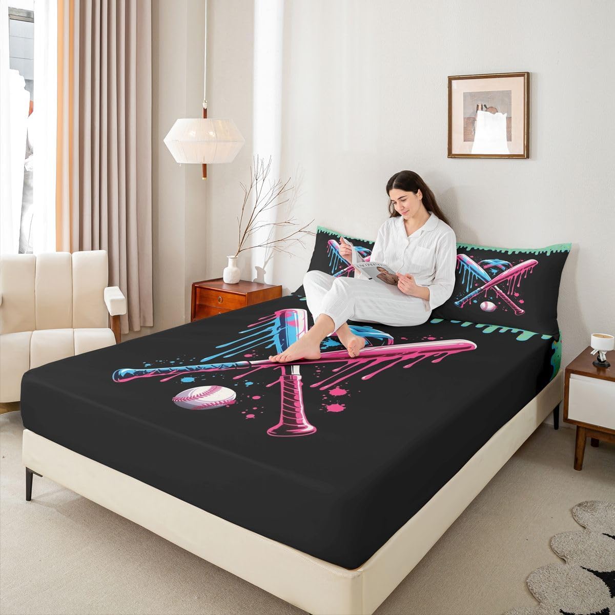 Erosebridal Ice Cream Baseball Bed Sheets Full Baseball Bat Sheet Set, Green Ice Cream Drip Soft Lightweight Bedding Set, Ball Game Sports Fitted Sheet with Deep Pocket