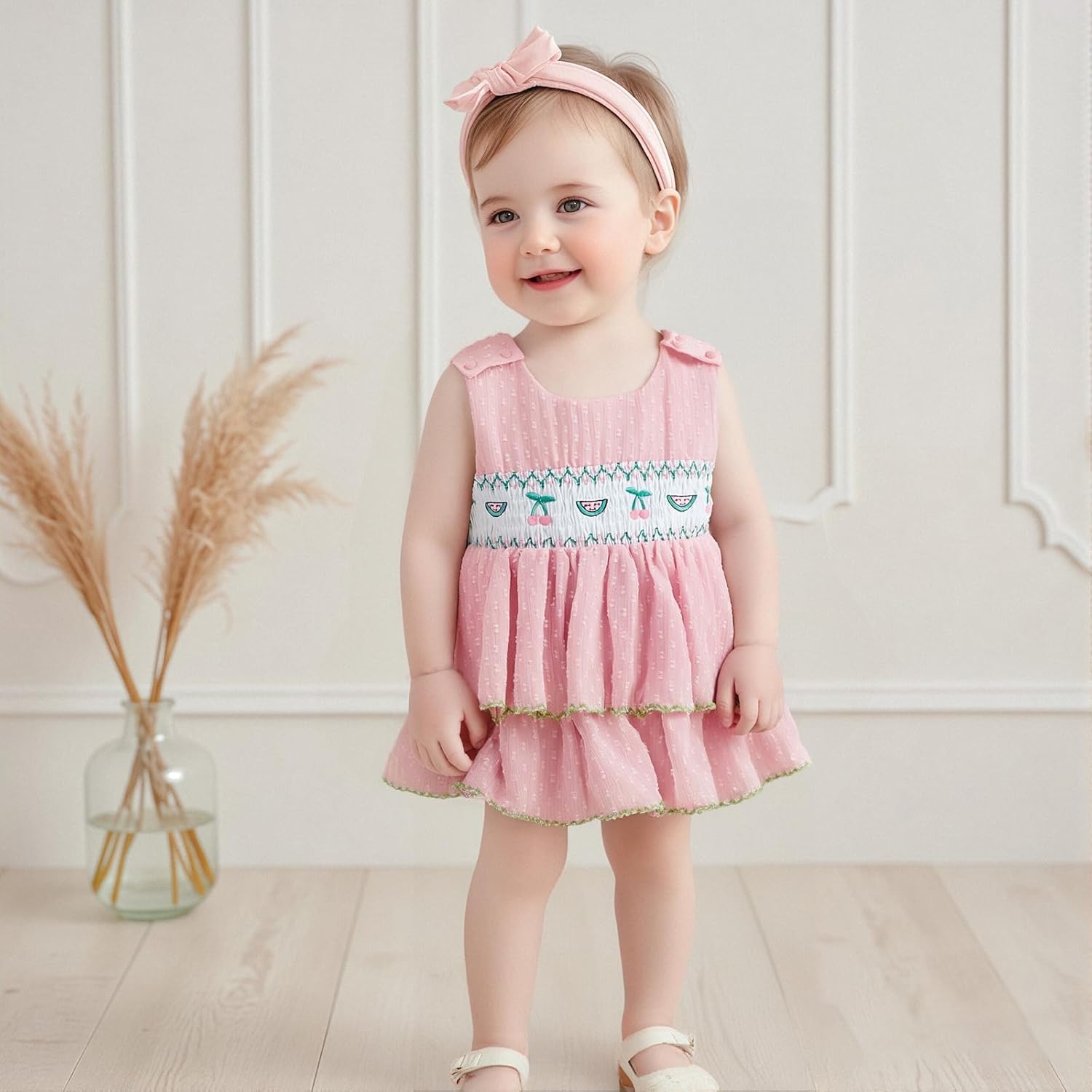 Emmababy Baby Girl Summer Clothes Cherry Romper Dress Smocked Tutu Bodysuit Ruffle Sleeveless Cherry Dresses Infant Outfits - Image 2
