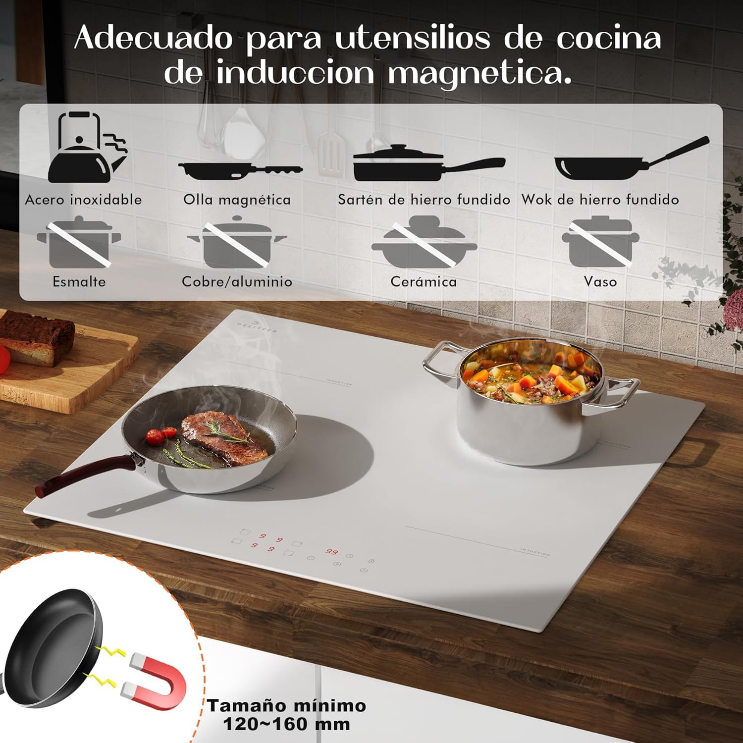 Placa de Inducción 4 Fuegos Blanco DELITEER, Empotrable, 60 cm | Vitrocerámica Blanca, Control Táctil, Bloqueo de Seguridad, Temporizador, 220 V ~ 240 V, 3500 W, con Enchufe